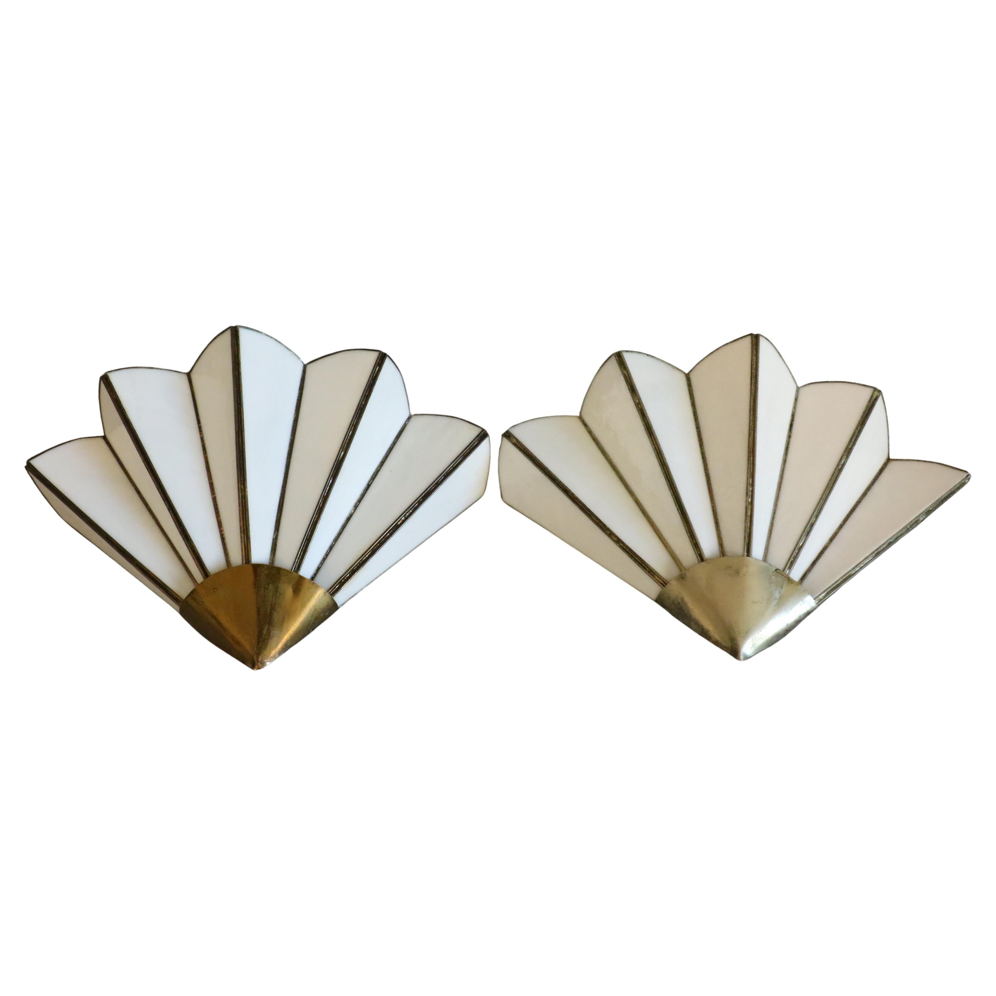 Pair of Fan-Shaped Wall Sconces - Art Deco Style - 1970s For Sale
