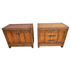 Vintage Pair of Fancher Furniture Walnut and Oak Chest of Drawers and Side Cabinet