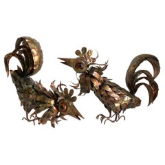 Pair of Fanciful Curtis Jere Metal Roosters