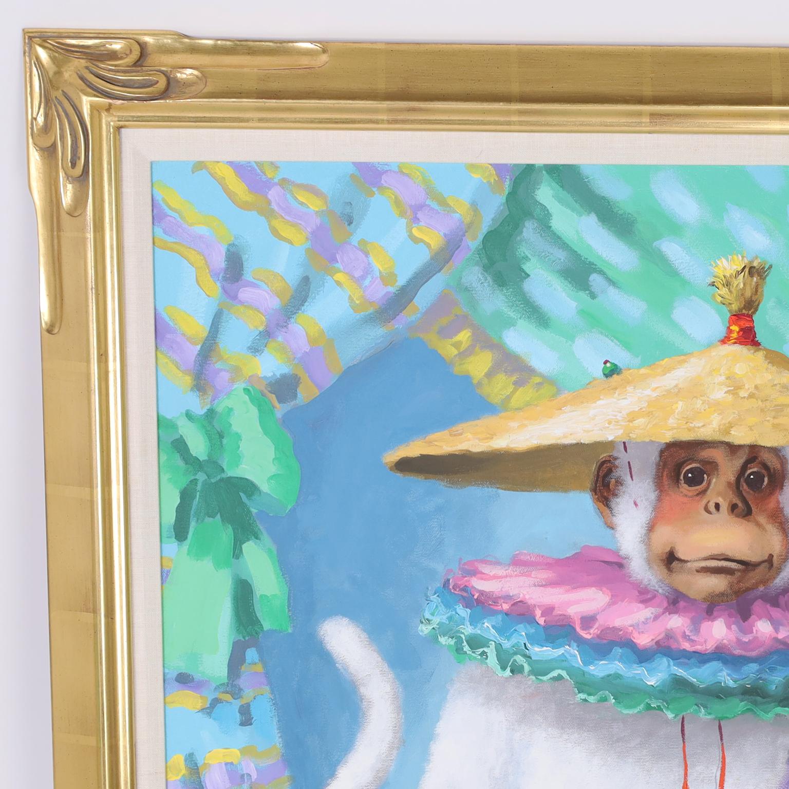 Paire de peintures fantaisistes sur toile représentant des singes en vente 3