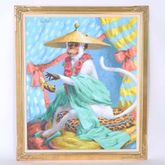 Paire de peintures fantaisistes sur toile représentant des singes