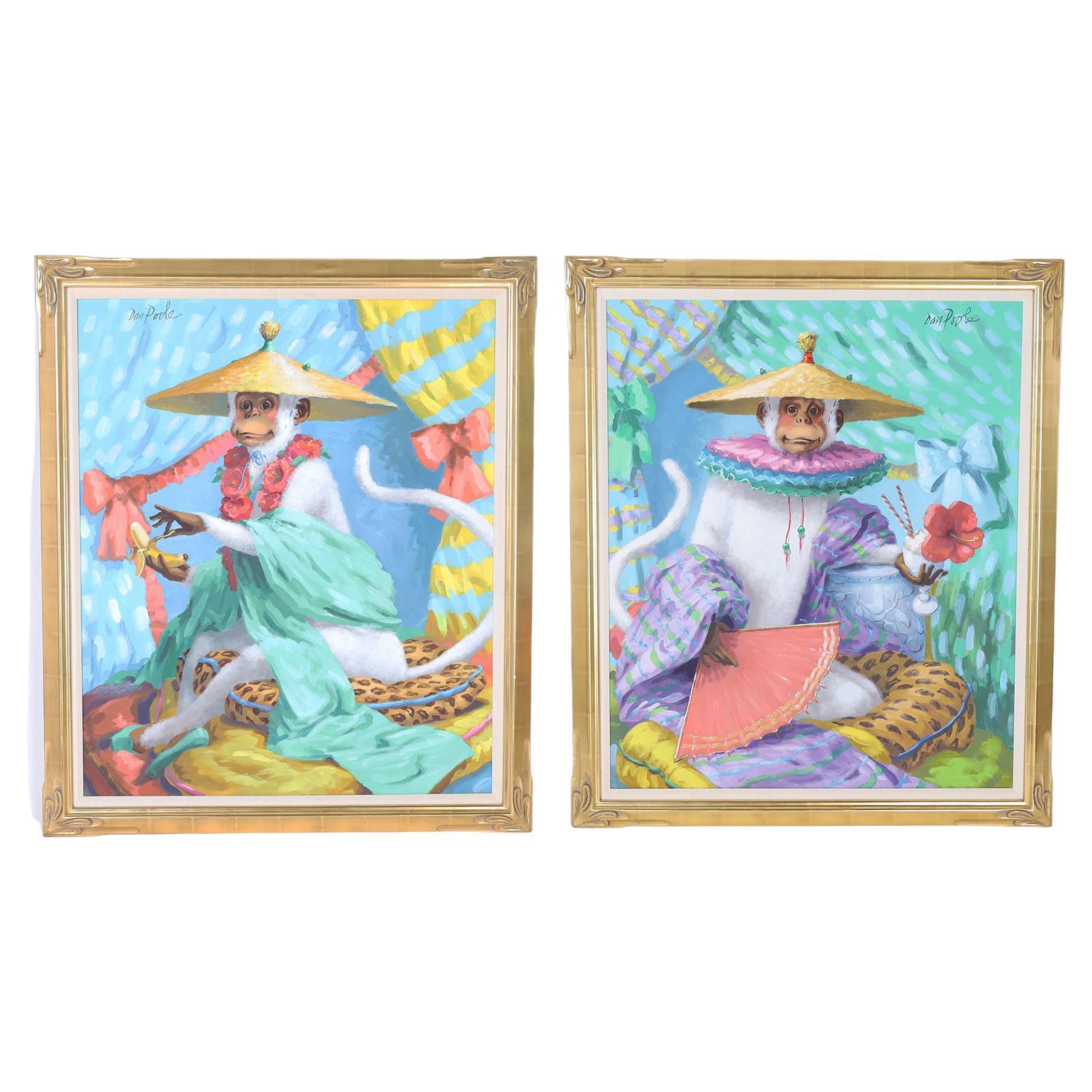 Pair of Fanciful Paintings on Canvas of Monkeys