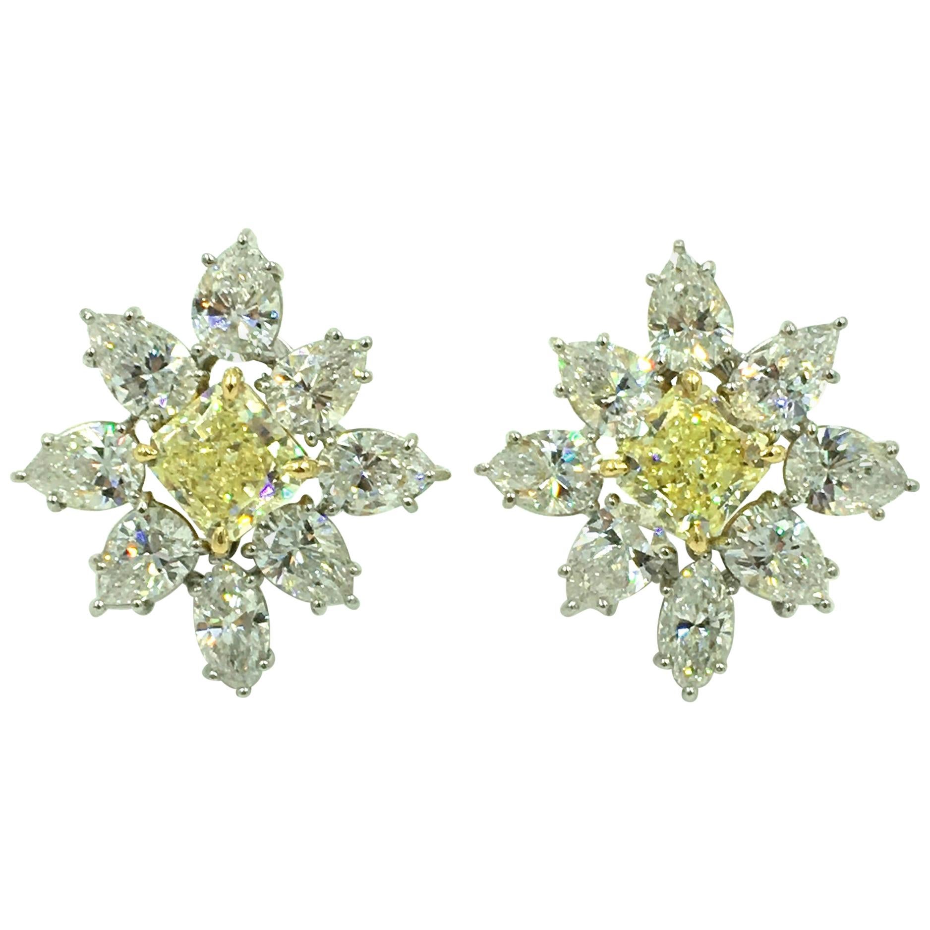 Pair of Fancy Yellow Diamond and Diamond Earrings For Sale