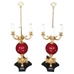 Pareja de Fantásticas Lámparas de Mesa Imperio Francés de Bronce Dorado y Porcelana Pies de Pata