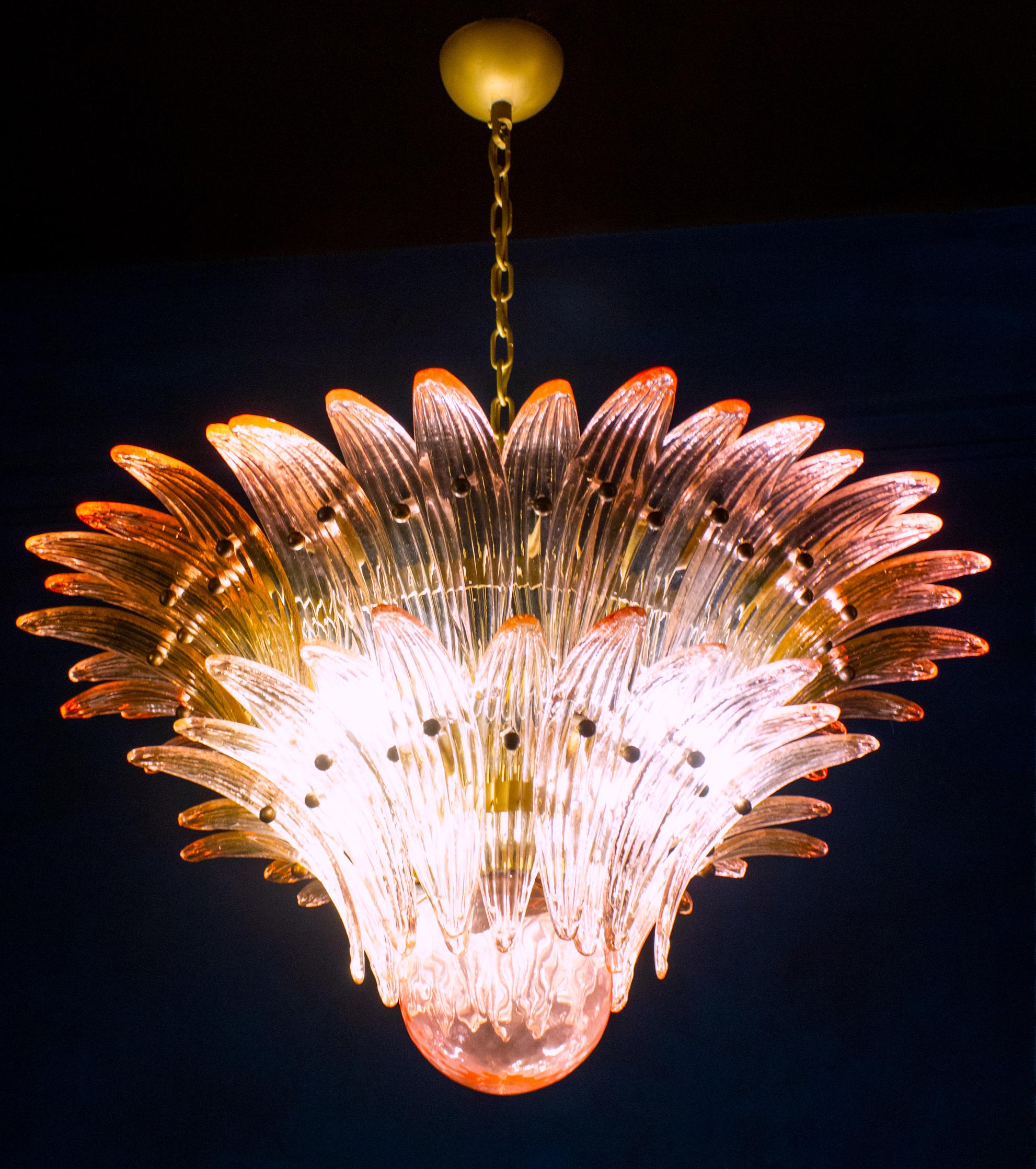 Mid-Century Modern Pair of Fantastic Pink Color Murano Glass Palmette Chandelier For Sale