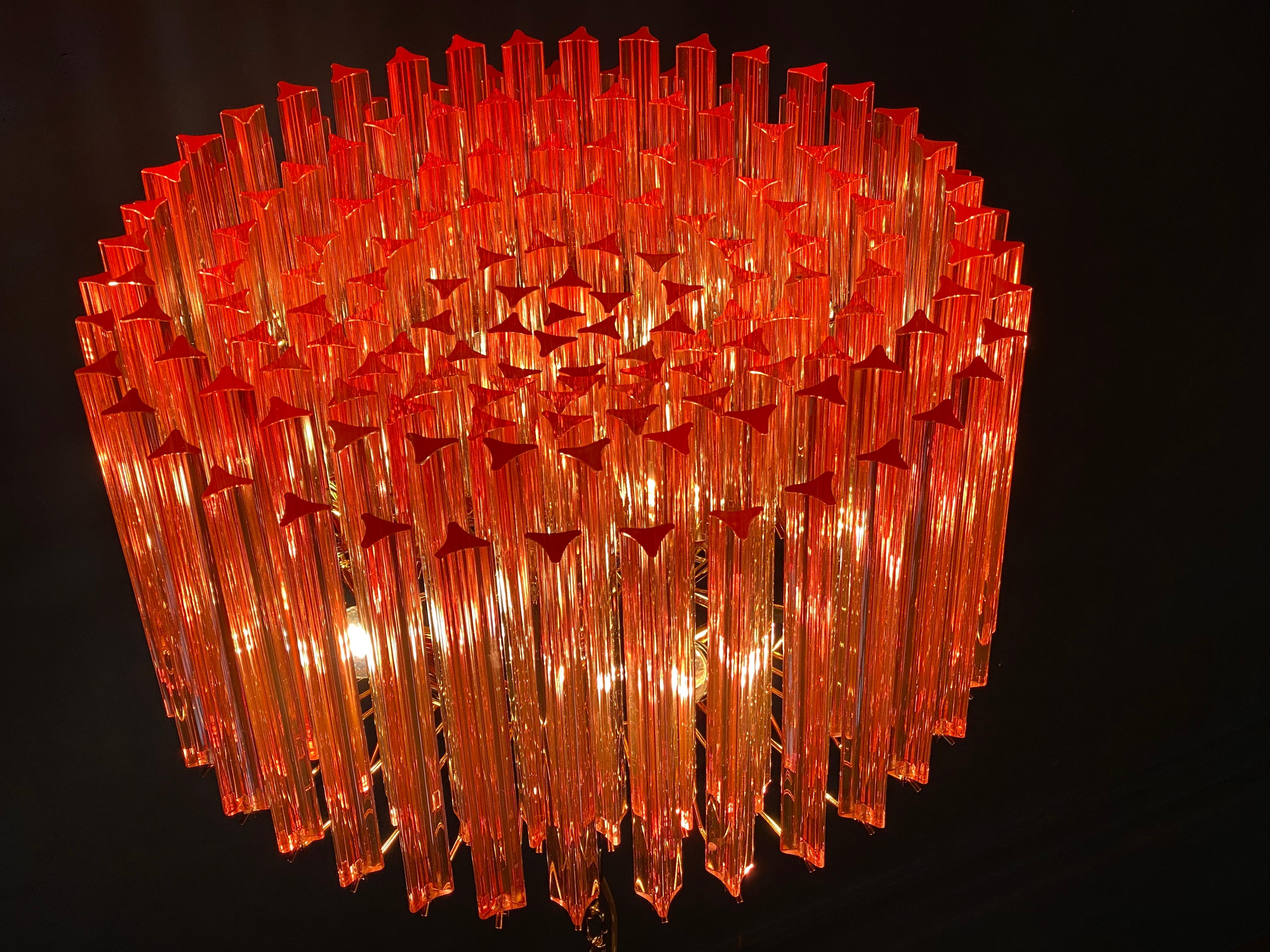 Pair of Fantastic Red Coral Triedi Crystal Prism Chandelier For Sale 2