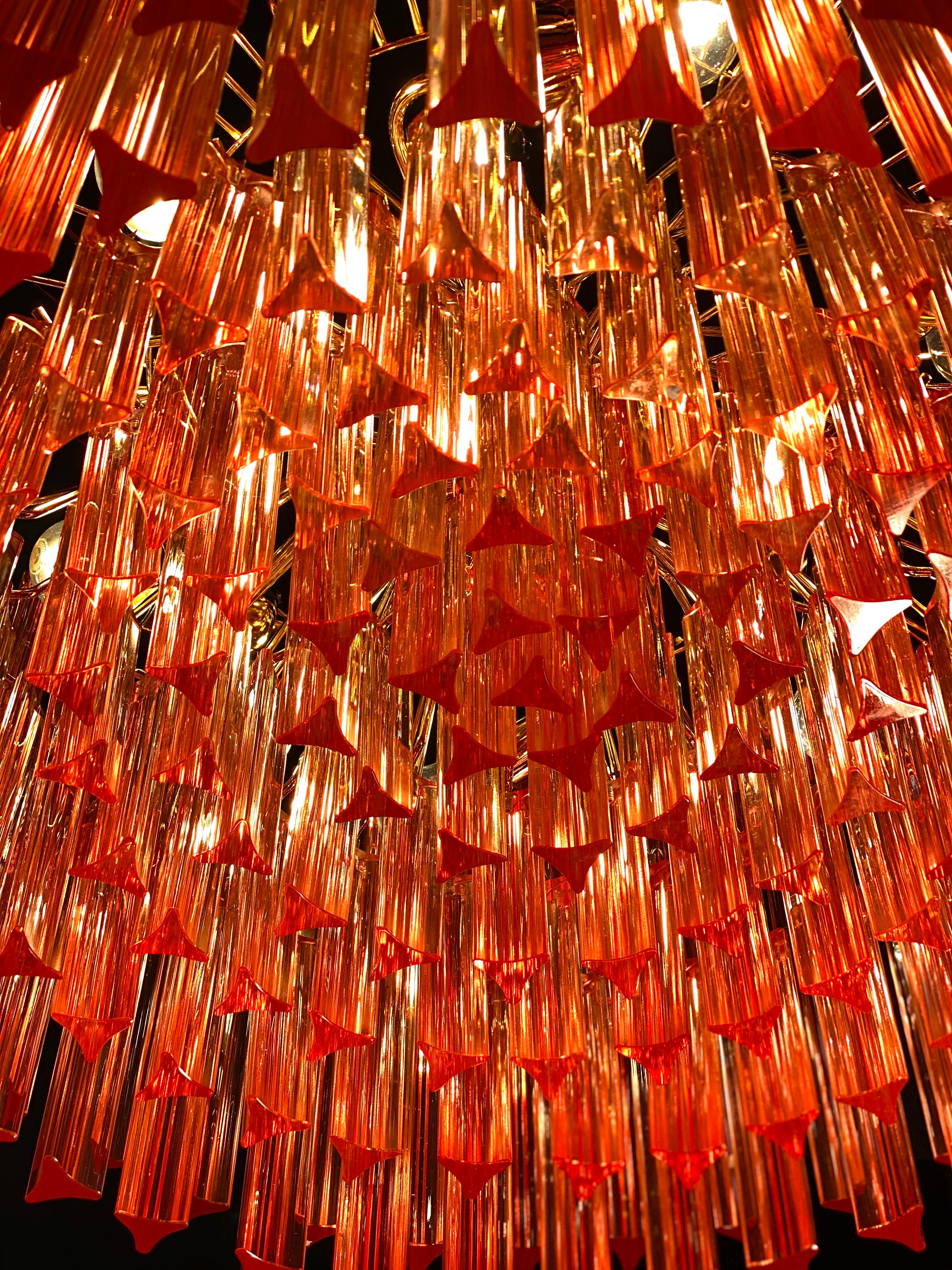 Pair of Fantastic Red Coral Triedi Crystal Prism Chandelier For Sale 3