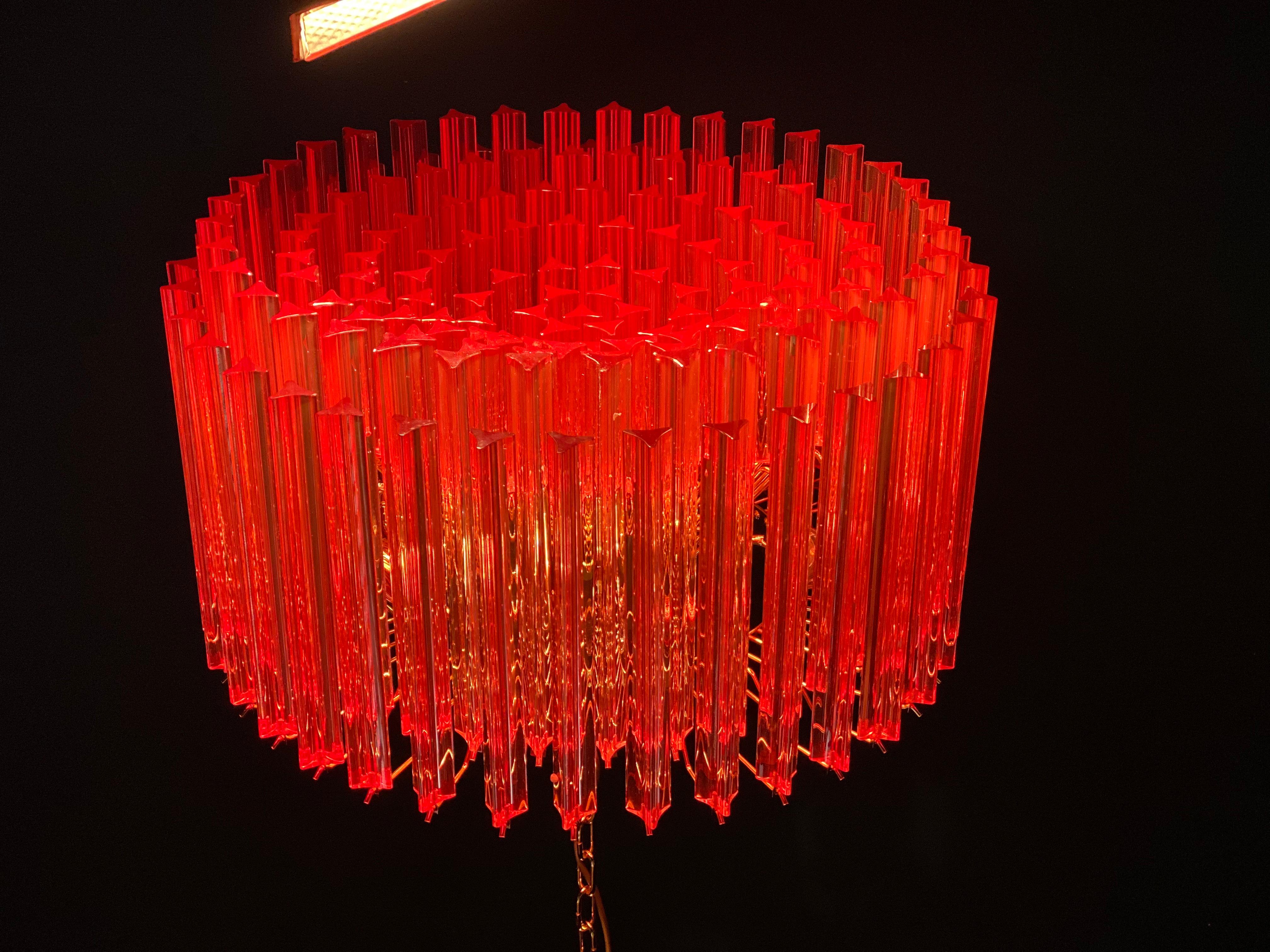 Pair of Fantastic Red Coral Triedi Crystal Prism Chandelier For Sale 4