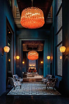 Pair of Fantastic Red Coral Triedi Crystal Prism Chandelier