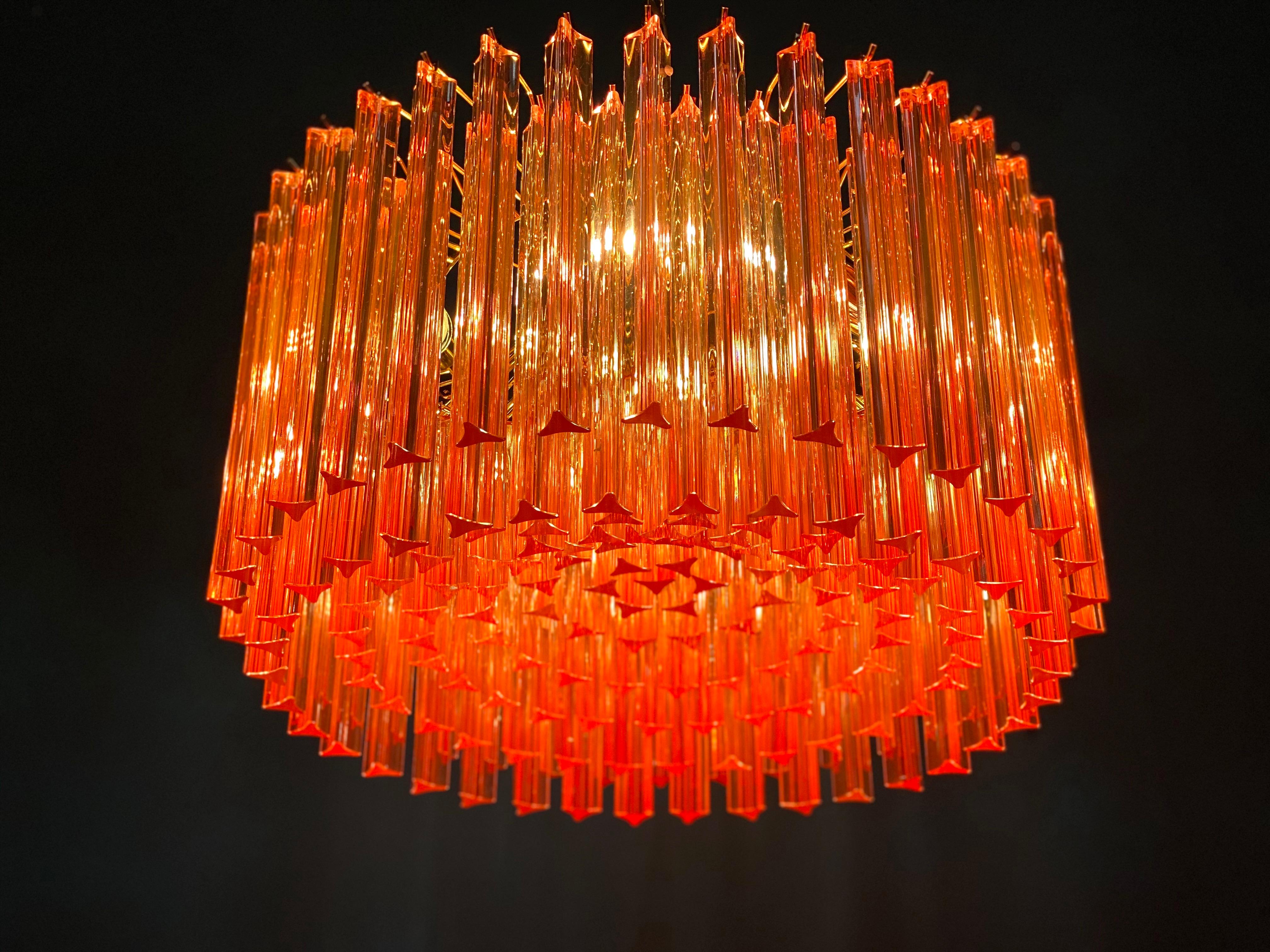 Italian Pair of Fantastic Red Coral Triedi Crystal Prism Chandelier For Sale