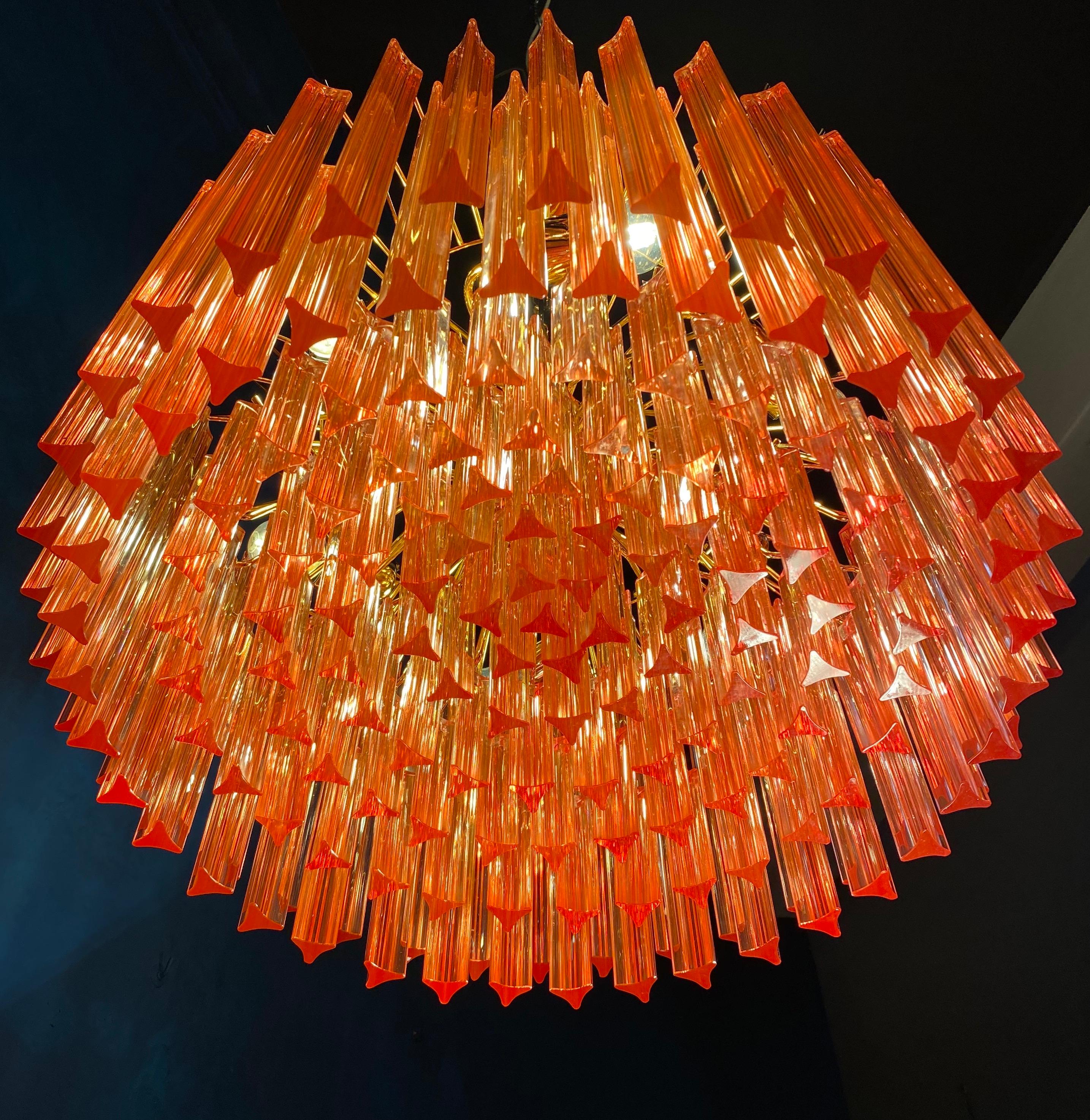 Late 20th Century Pair of Fantastic Red Coral Triedi Crystal Prism Chandelier For Sale
