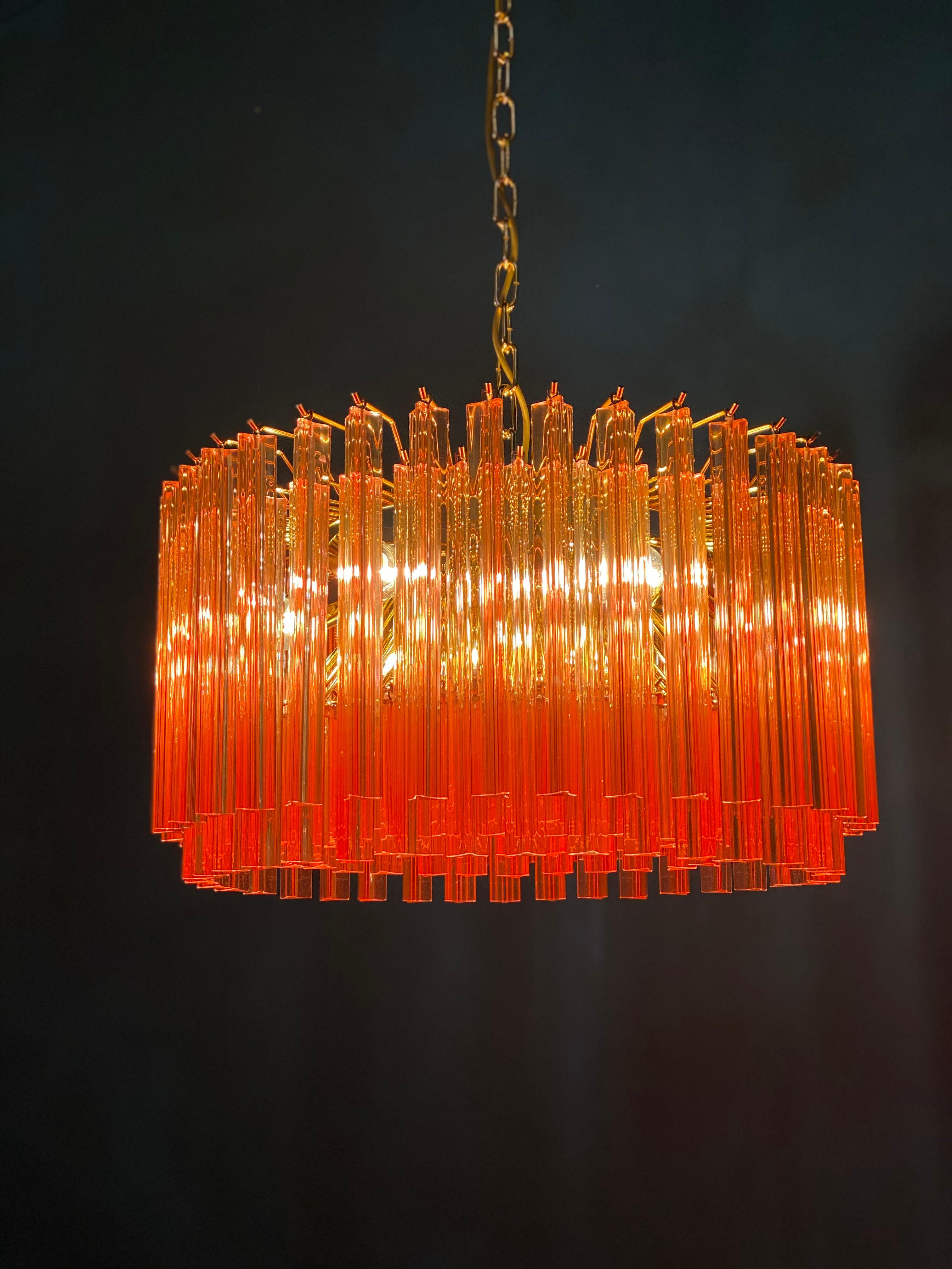 Late 20th Century Pair of Fantastic Red Coral Triedi Crystal Prism Chandelier For Sale