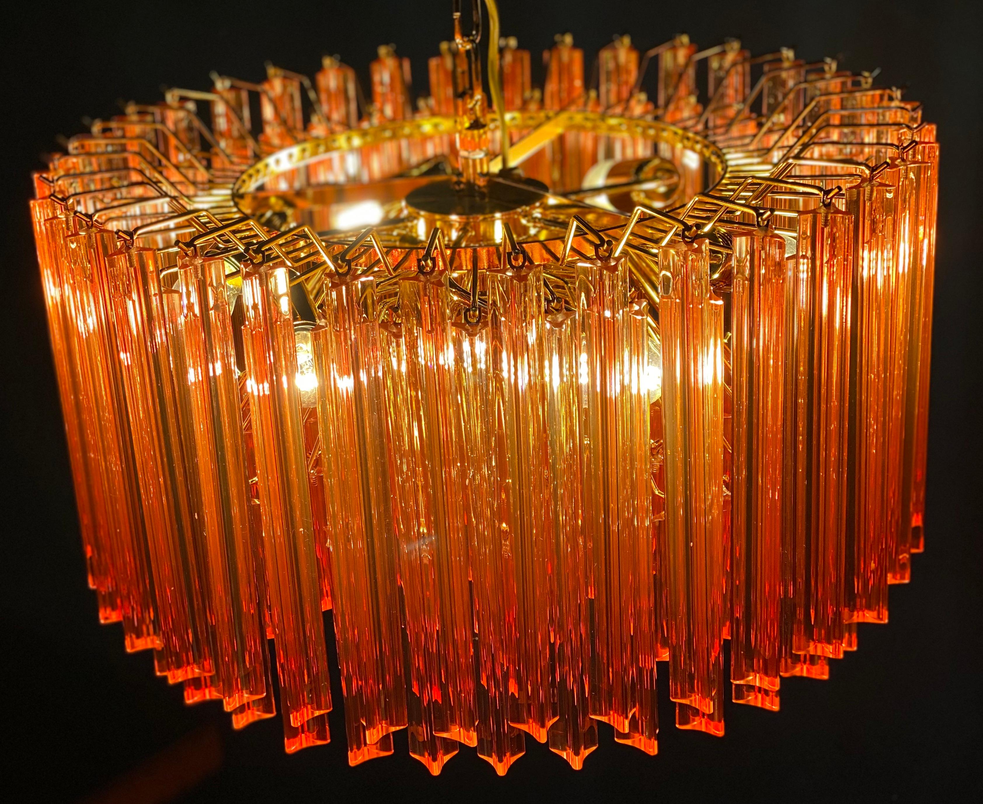 Steel Pair of Fantastic Red Coral Triedi Crystal Prism Chandelier For Sale