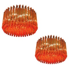 Pair of Fantastic Red Coral Triedi Crystal Prism Chandelier