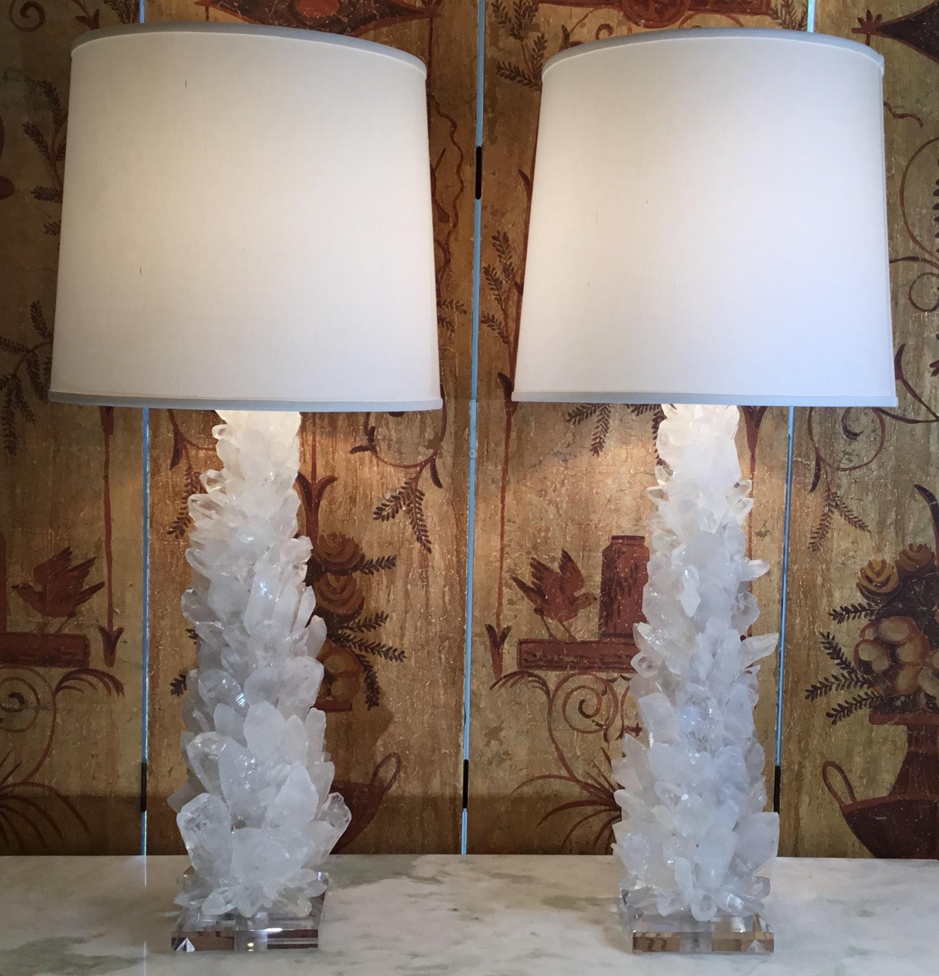 Hand-Carved Pair of Fantastic White Quartz Crystal Table Lamps