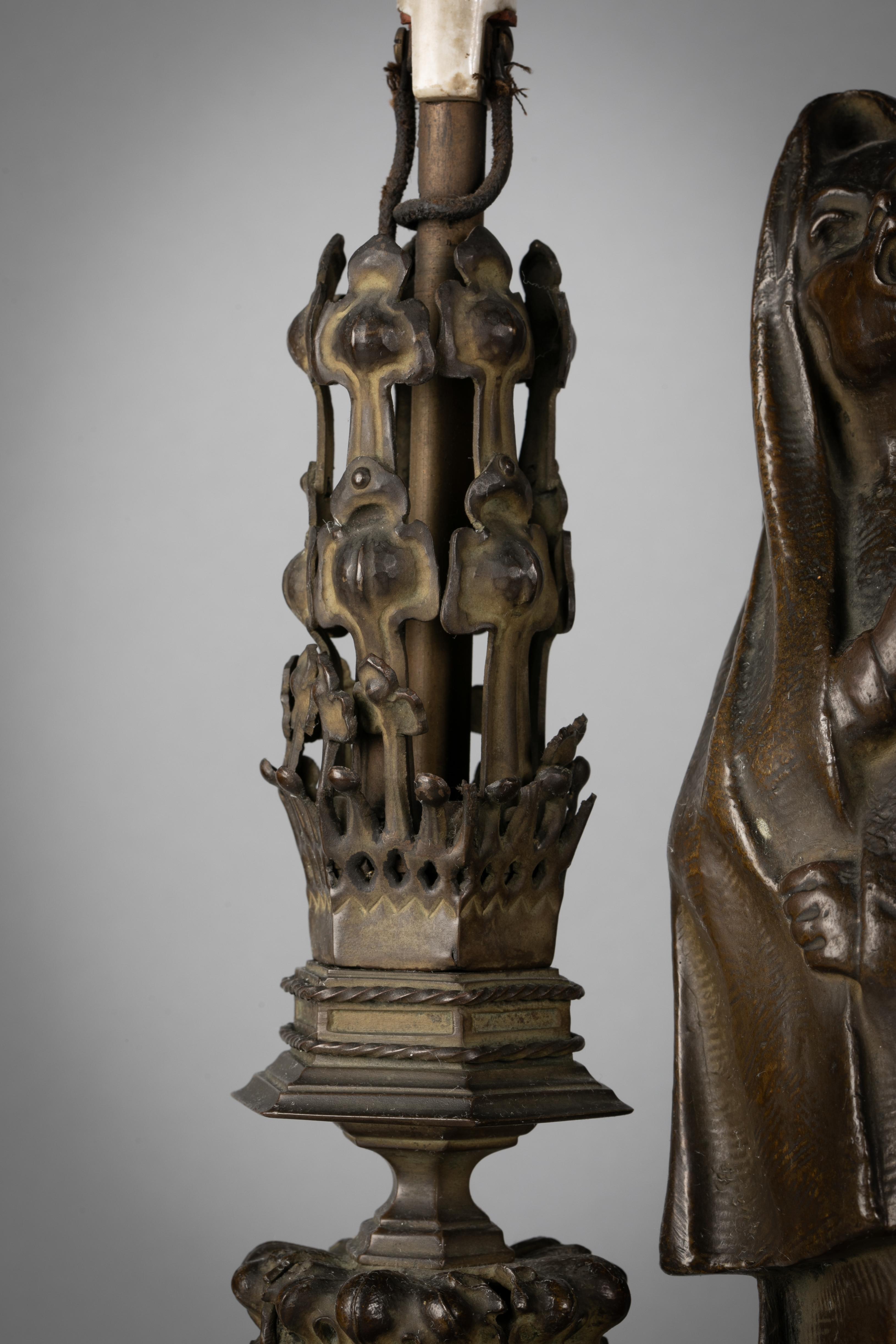 Pair of 'Fantasy' Patinated Bronze Two-Light Candelabra Lamps, circa 1910 In Excellent Condition For Sale In New York, NY