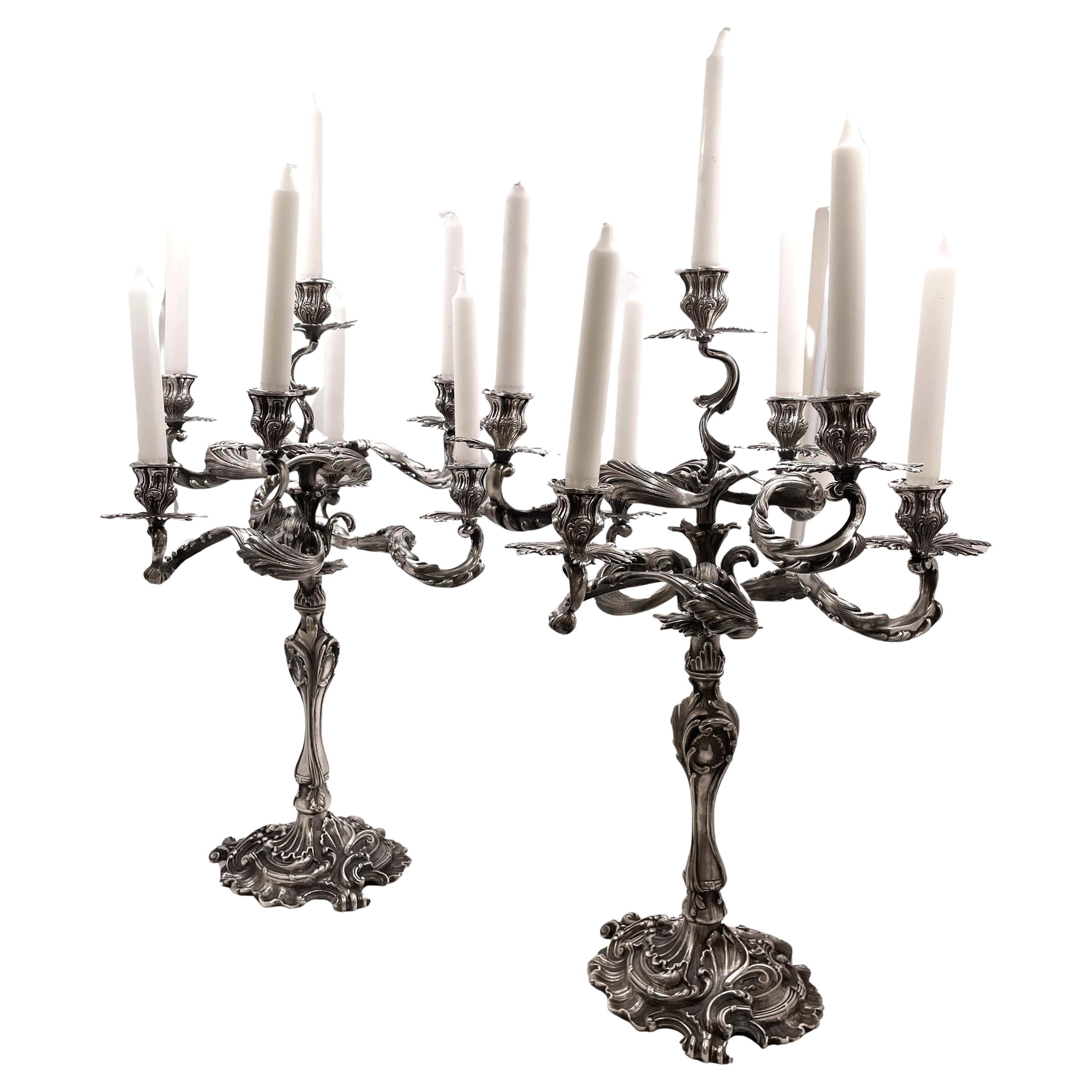 Pareja de candelabros italianos Fasoli de plata de 7 luces de finales del siglo XIX principios del XX
