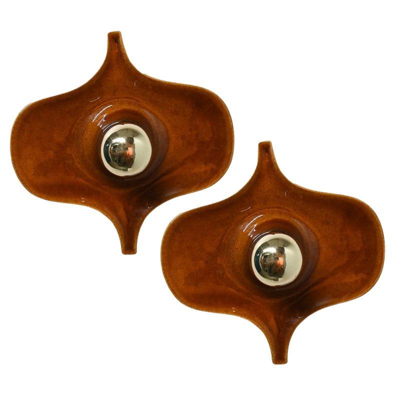 Pair of Fat Lava Brown Ceramic Wall Lights, Hustadt Keramik