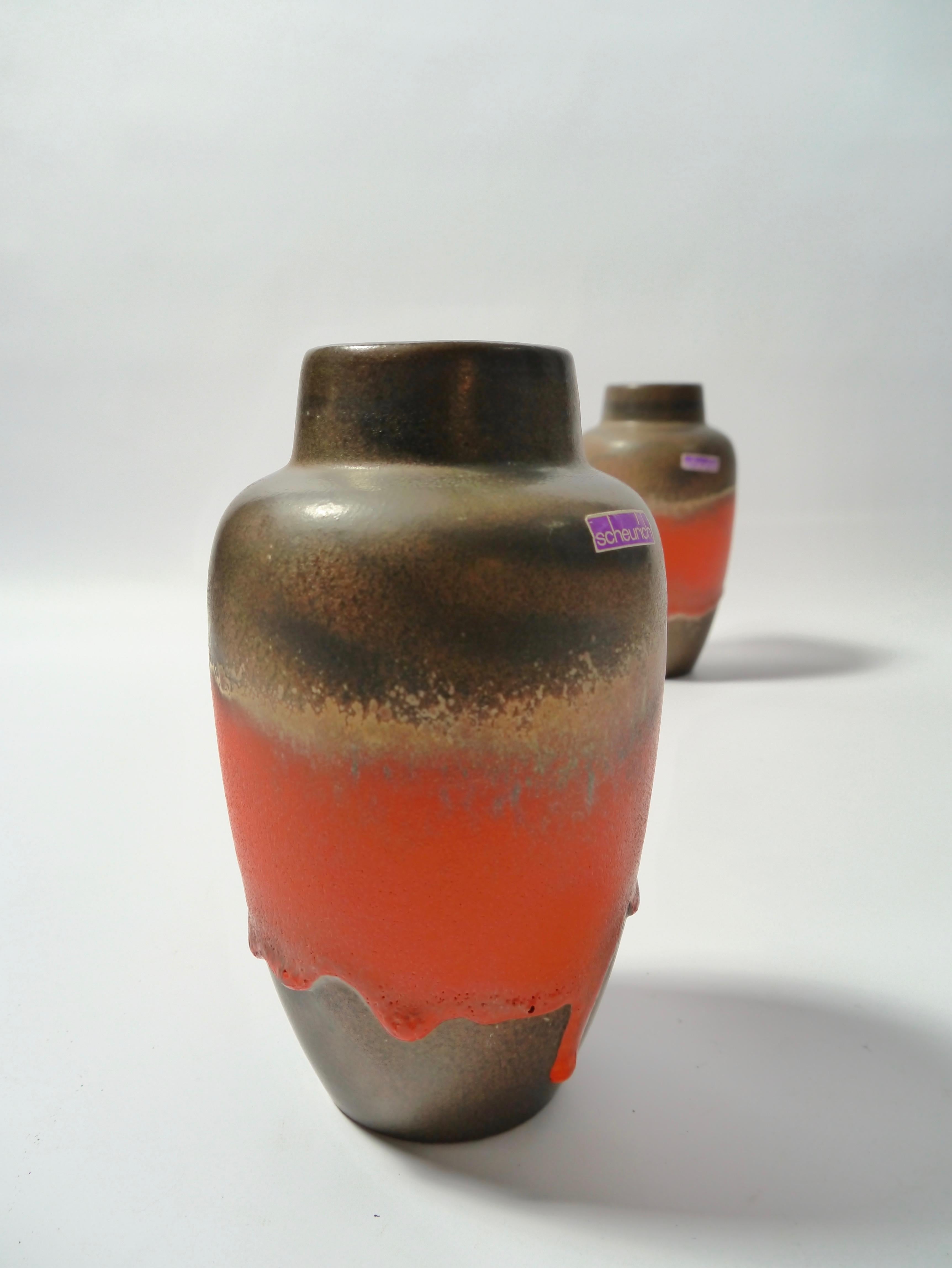 Mid-Century Modern Pair of Fat Lava Ceramic Vases by Scheurich, West Germany, 1960s For Sale