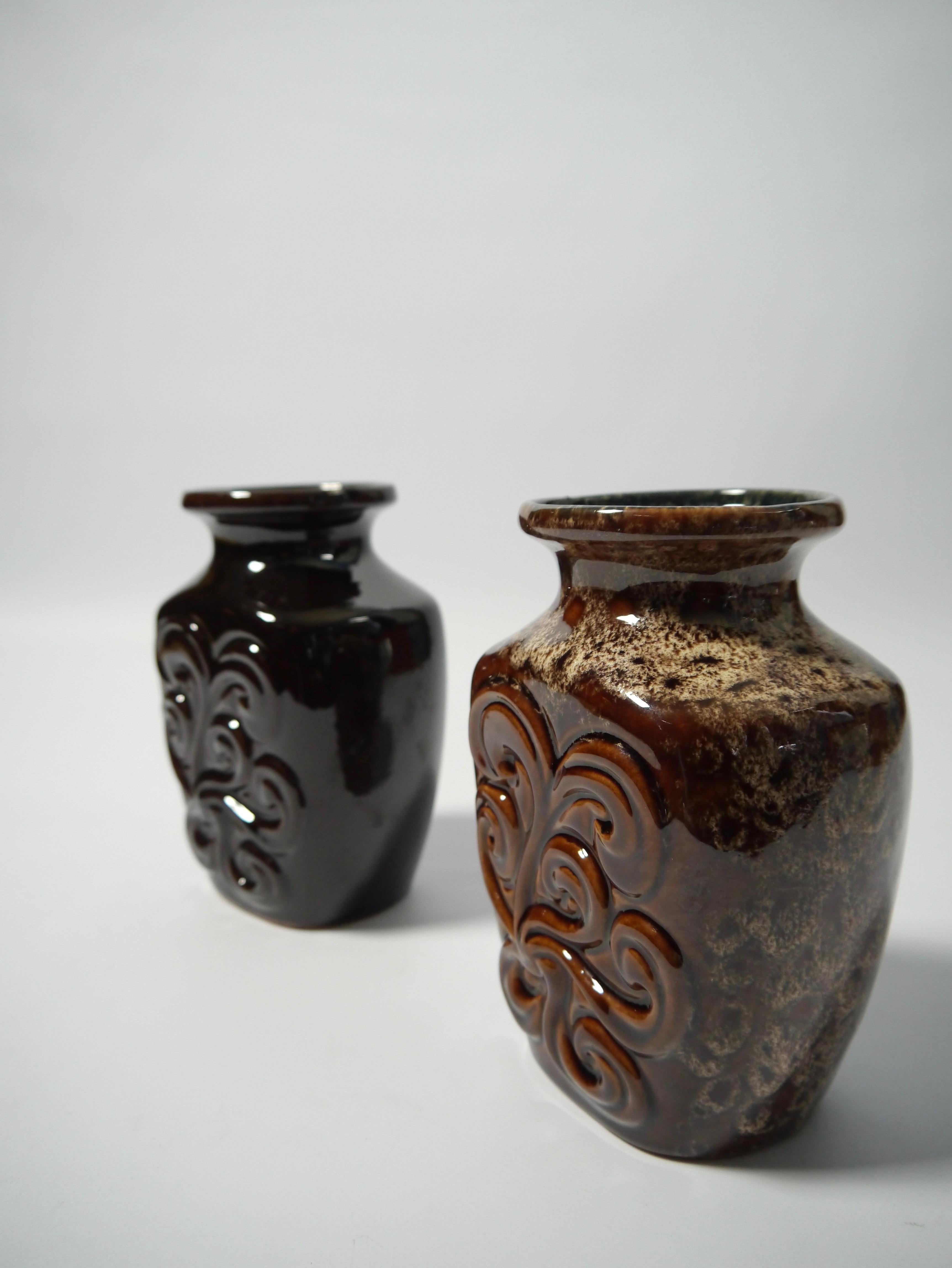 Mid-Century Modern Pair of Fat Lava German Pottery Vases by Strehla, East Germany, 1960s For Sale