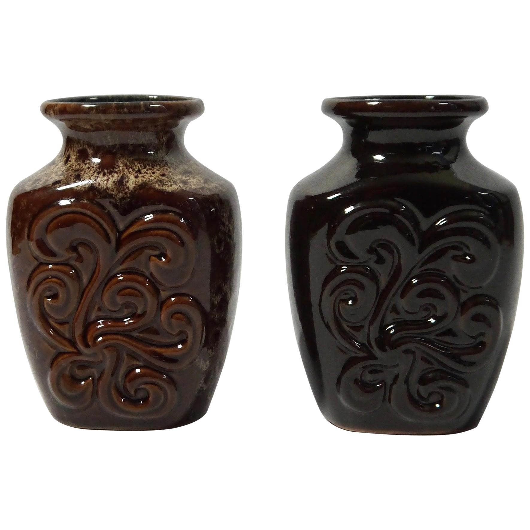 Pair of Fat Lava German Pottery Vases by Strehla, East Germany, 1960s