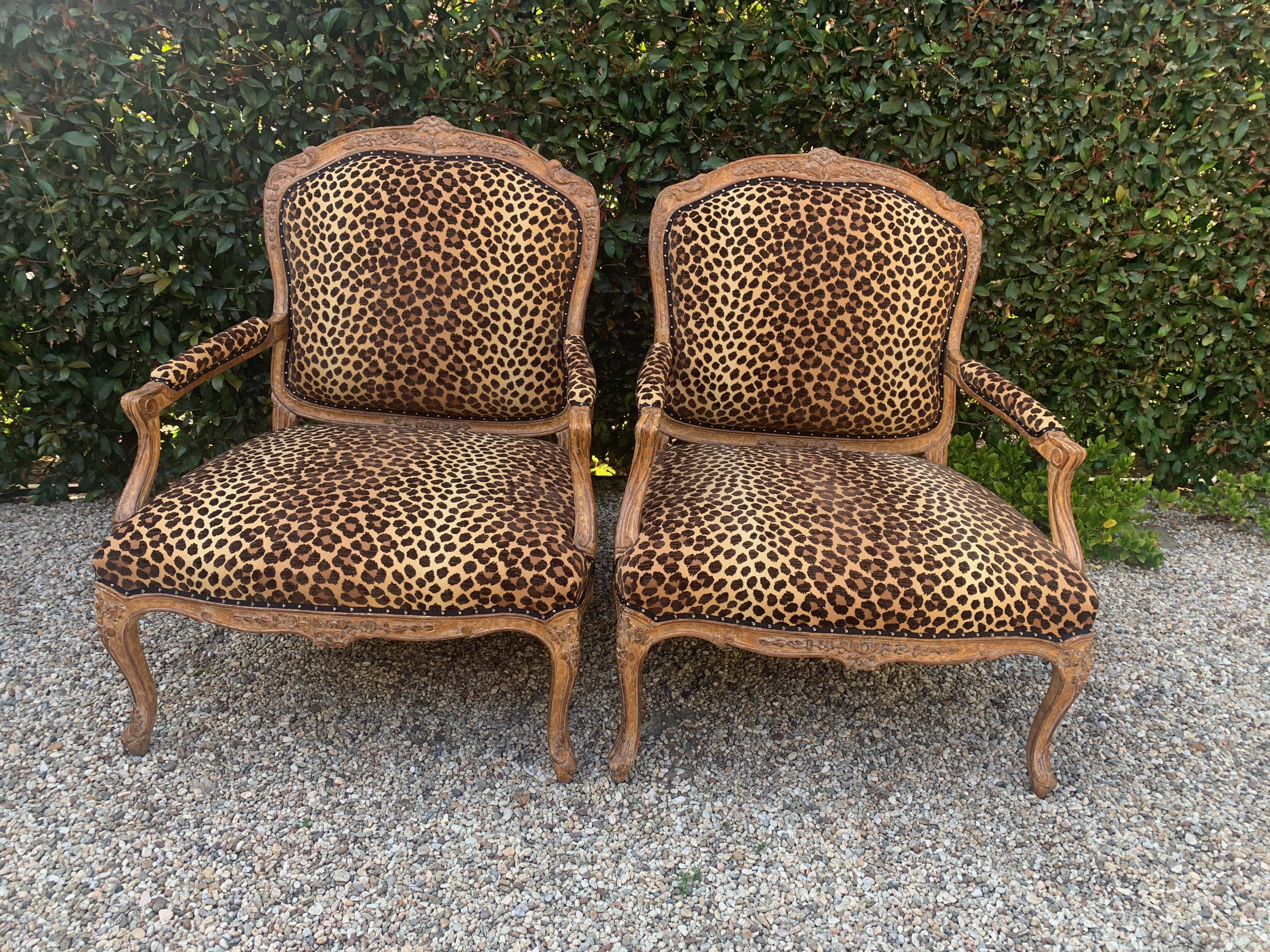Leopard Upholstered Pair of French Fauteuils a La Reine 2