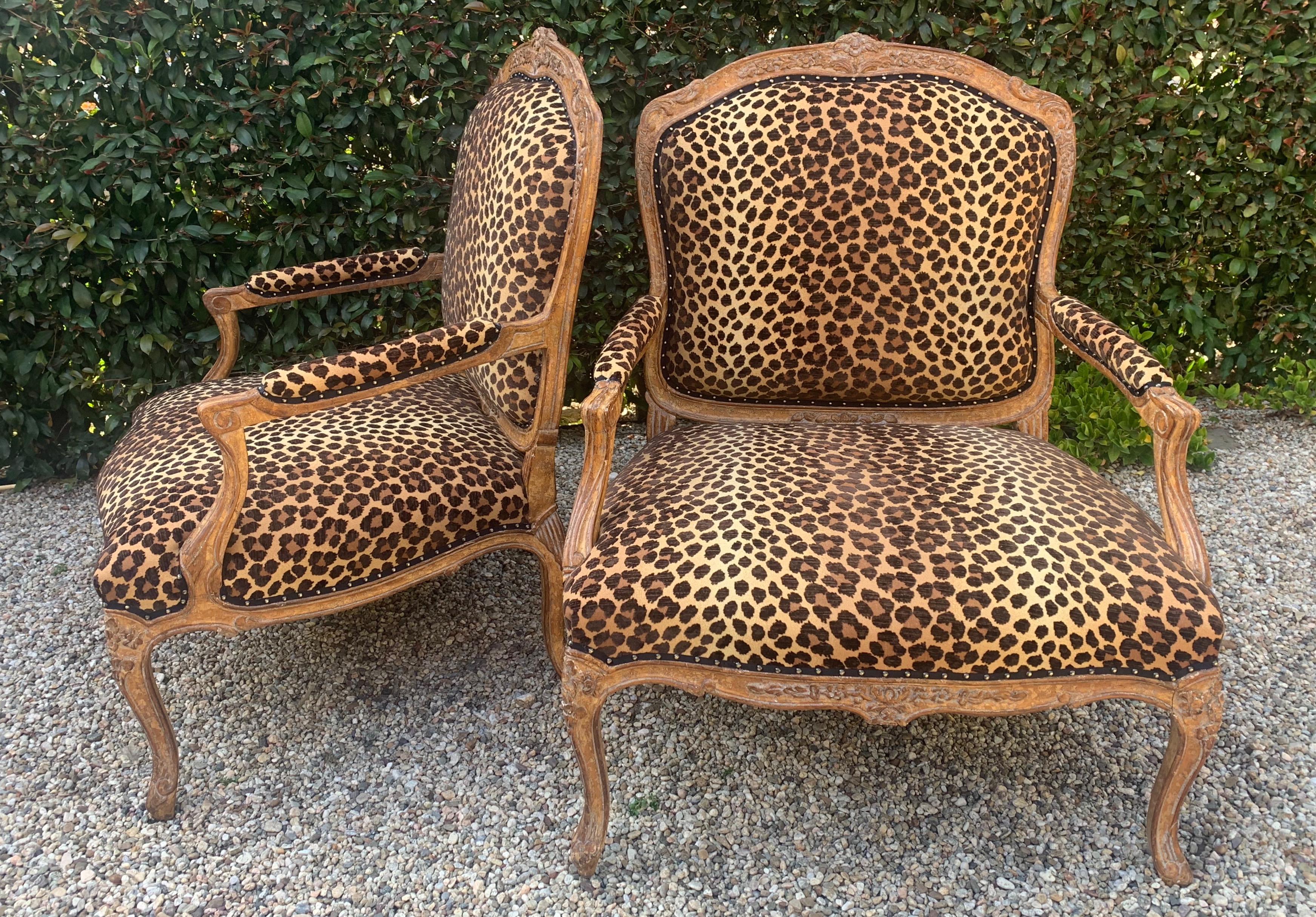 Pair of Fauteuils a la Reine in newly upholstered cut velvet leopard with a black ribbon gimp and nailheads. Extremely large and very comfortable.

Original frames manufactured in the late 20th century have a very sophisticated patinated