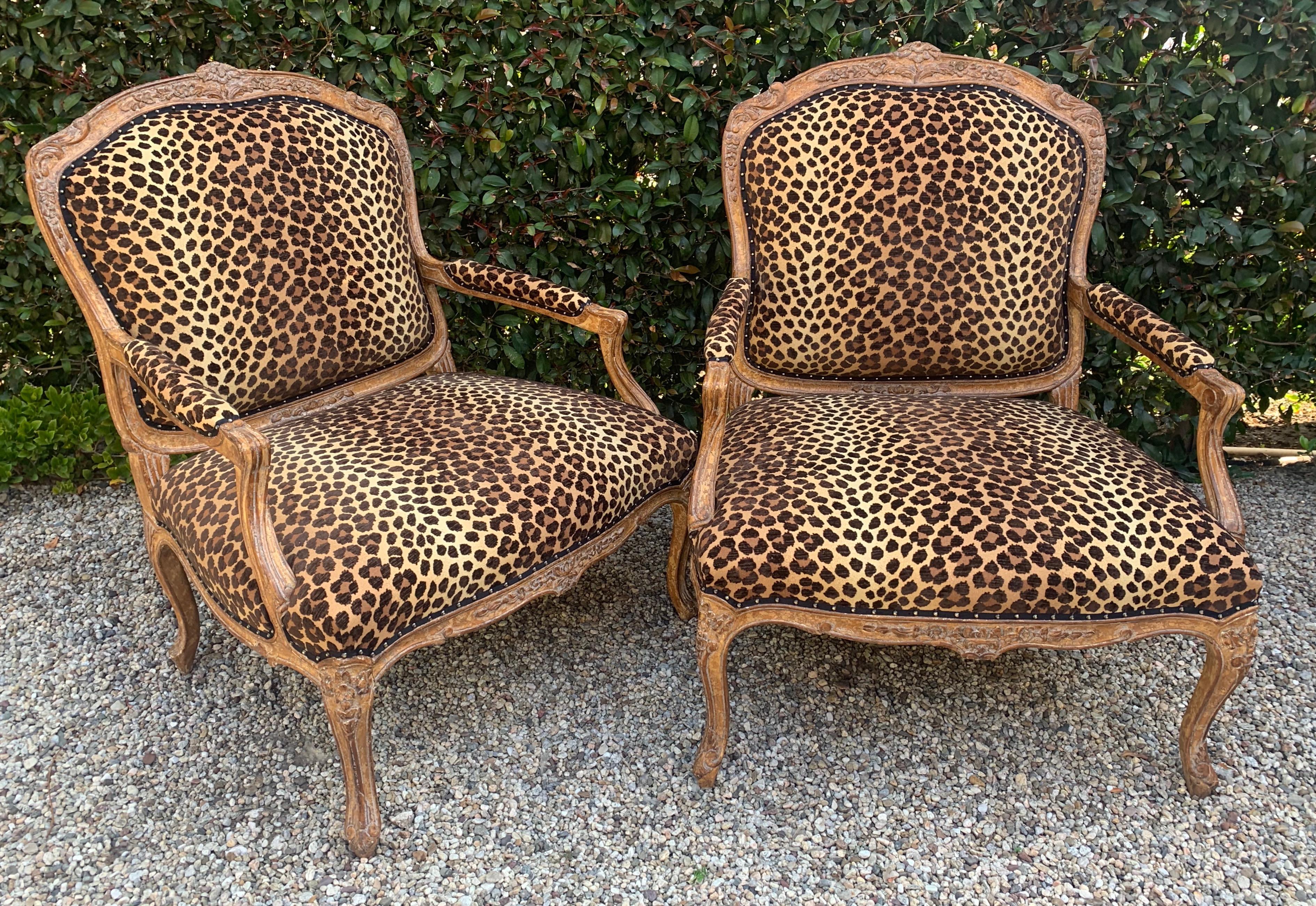 French Provincial Leopard Upholstered Pair of French Fauteuils a La Reine