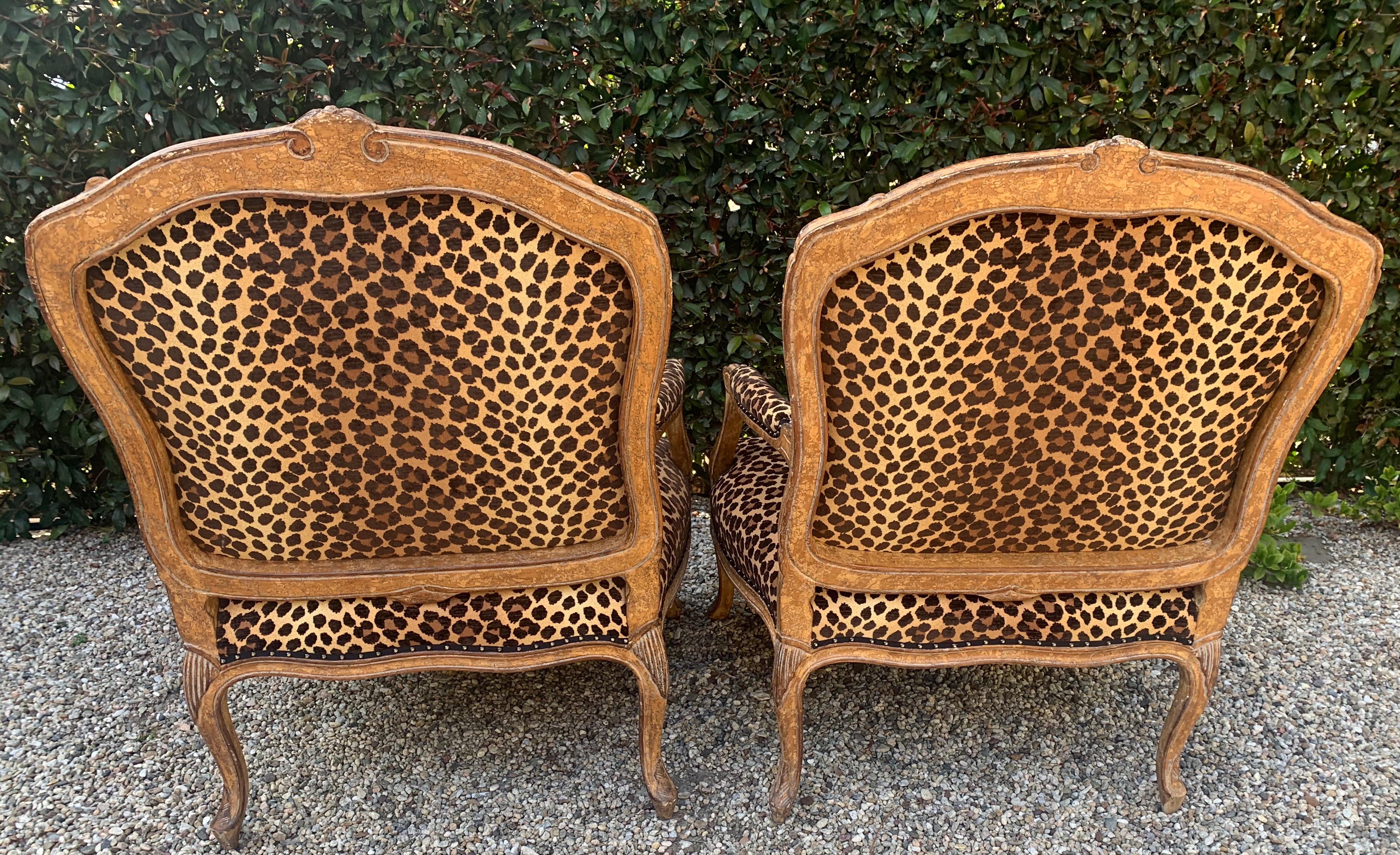 Hand-Crafted Leopard Upholstered Pair of French Fauteuils a La Reine