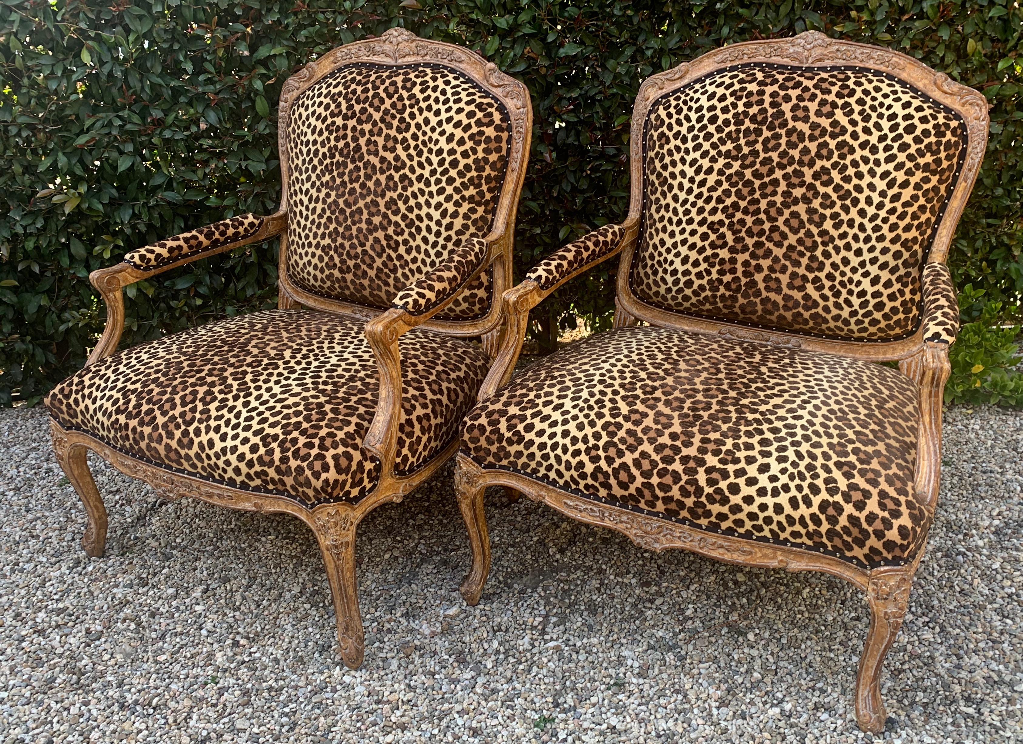 20th Century Leopard Upholstered Pair of French Fauteuils a La Reine