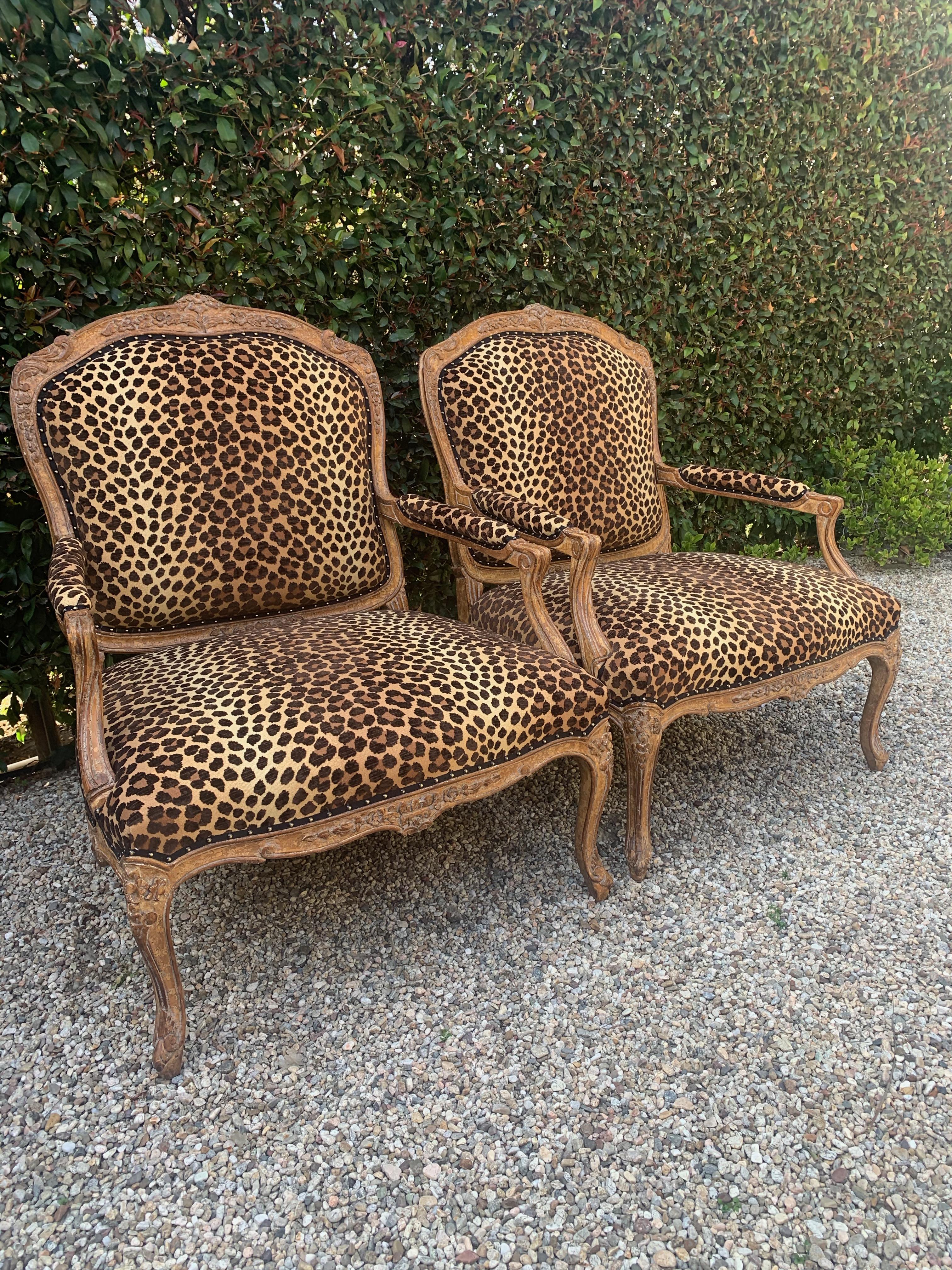 Velvet Leopard Upholstered Pair of French Fauteuils a La Reine