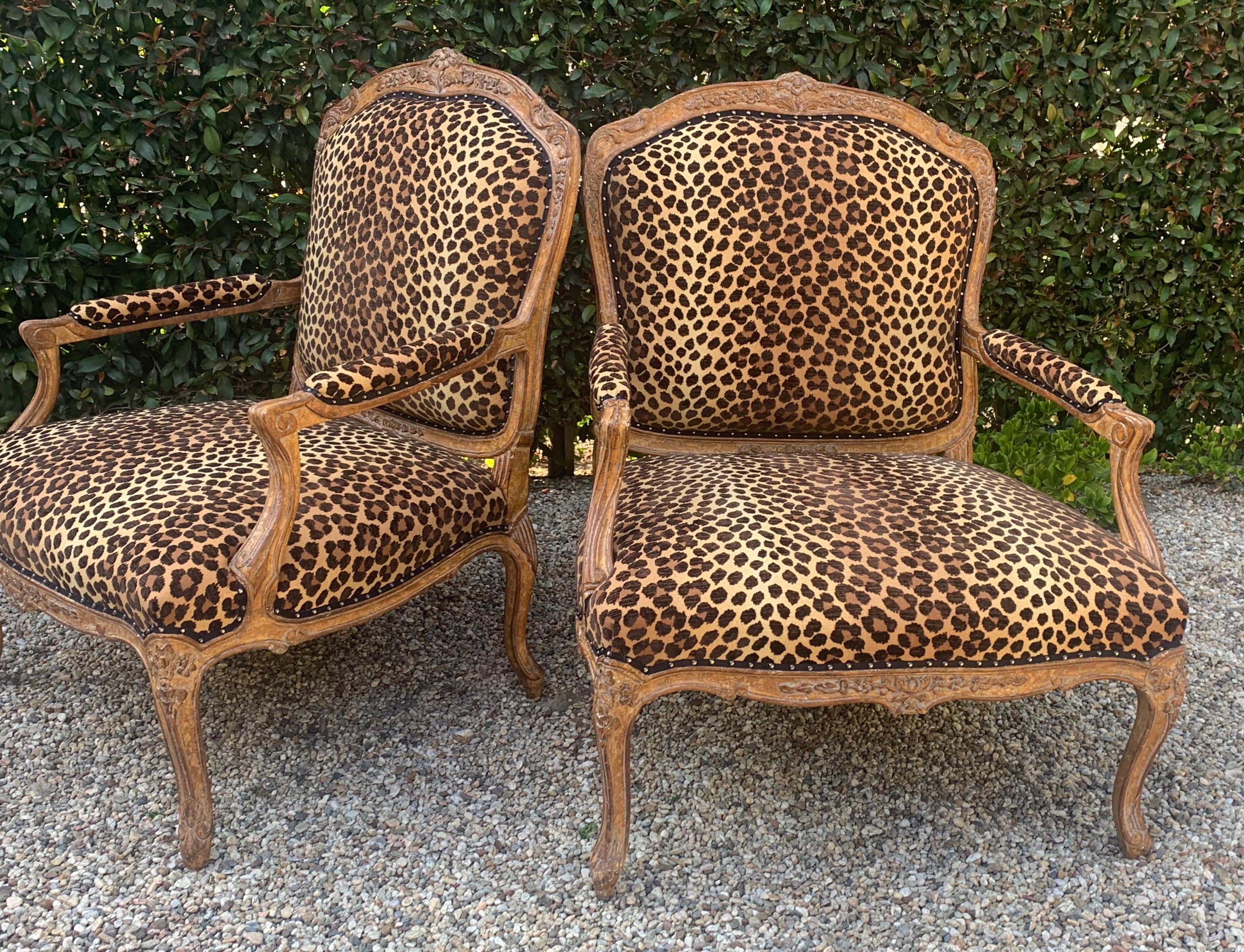 Leopard Upholstered Pair of French Fauteuils a La Reine 1