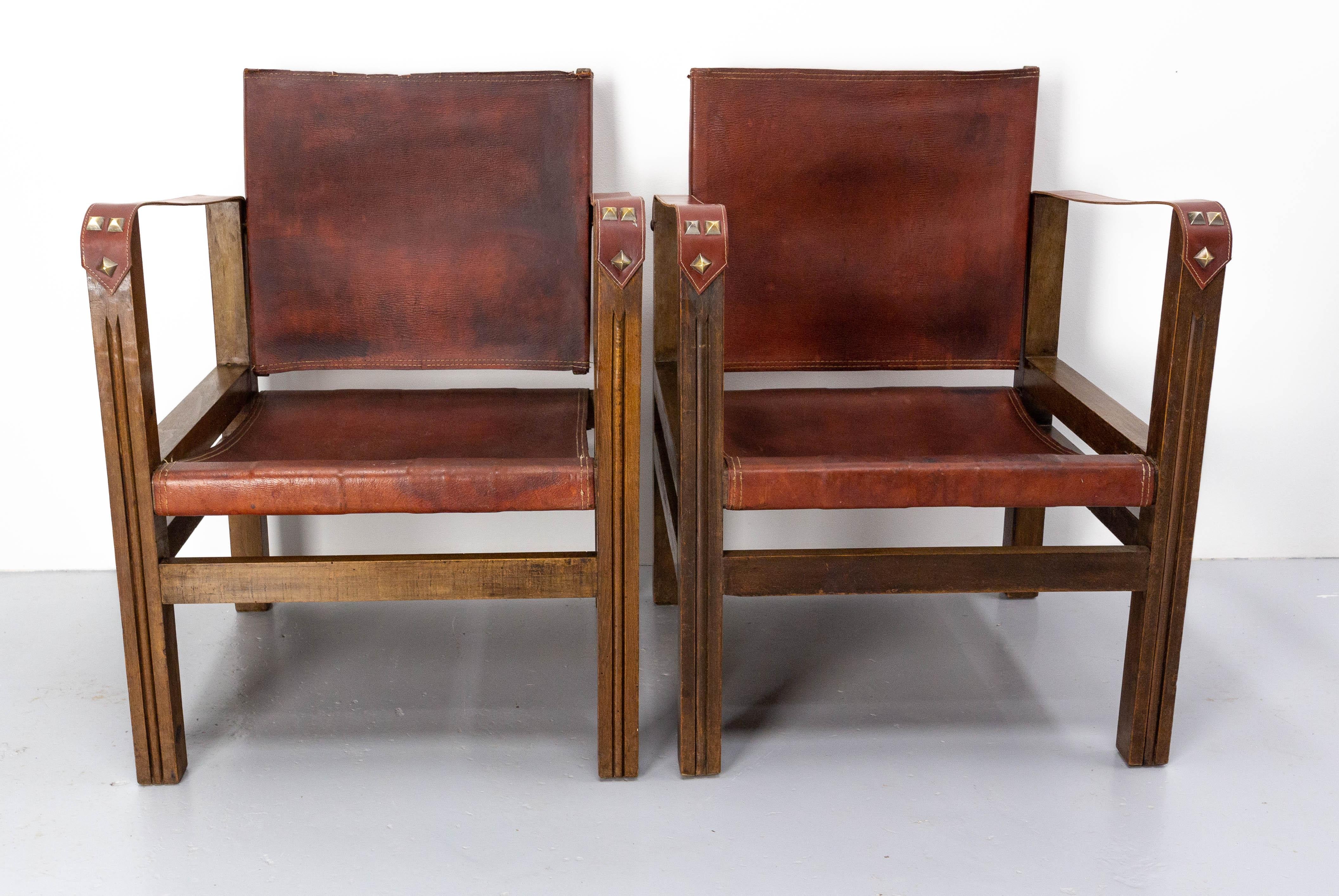 Mid-Century Modern Pair of Fauteuils Open Armchairs French Leather and Beech Safari Style, C. 1940 For Sale