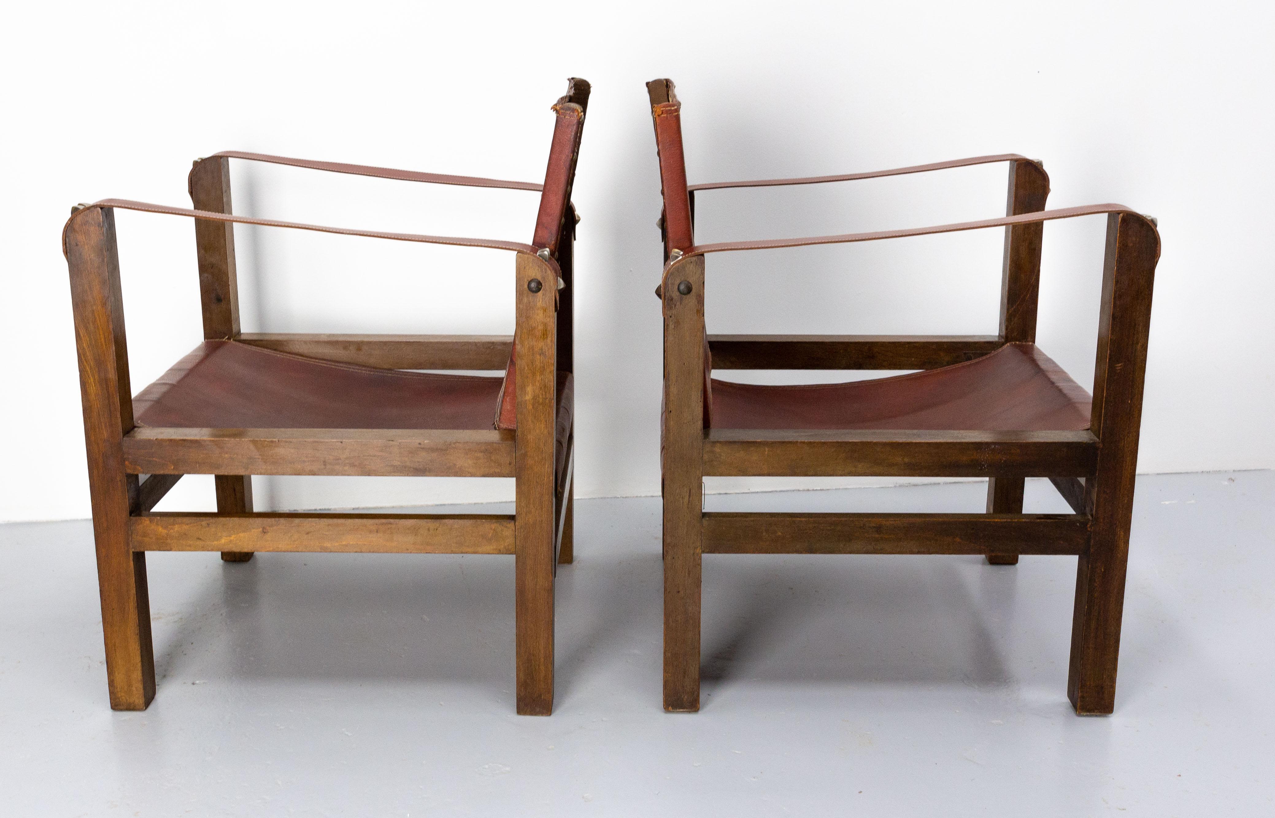 Mid-20th Century Pair of Fauteuils Open Armchairs French Leather and Beech Safari Style, C. 1940 For Sale