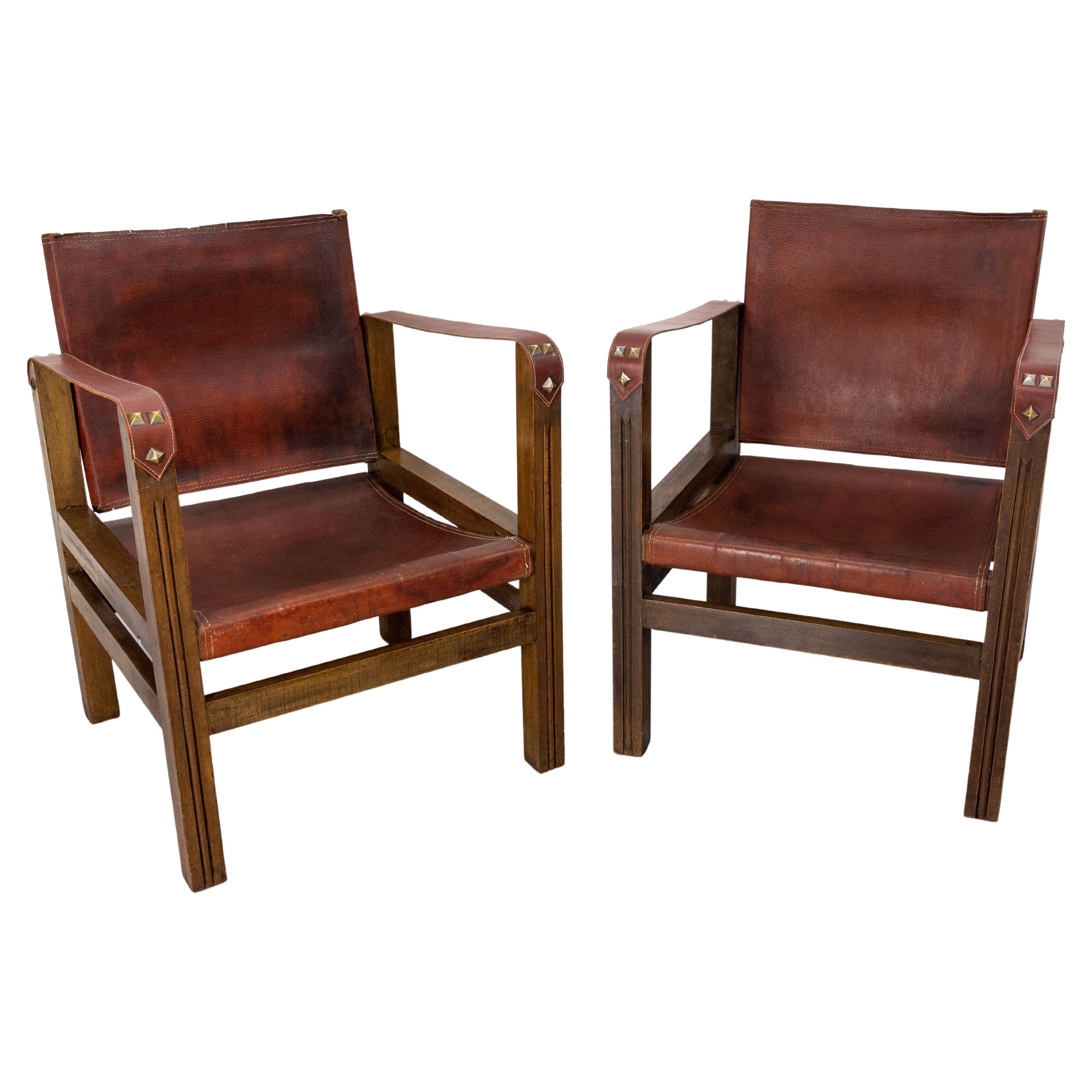 Pair of Fauteuils Open Armchairs French Leather and Beech Safari Style, C. 1940 For Sale