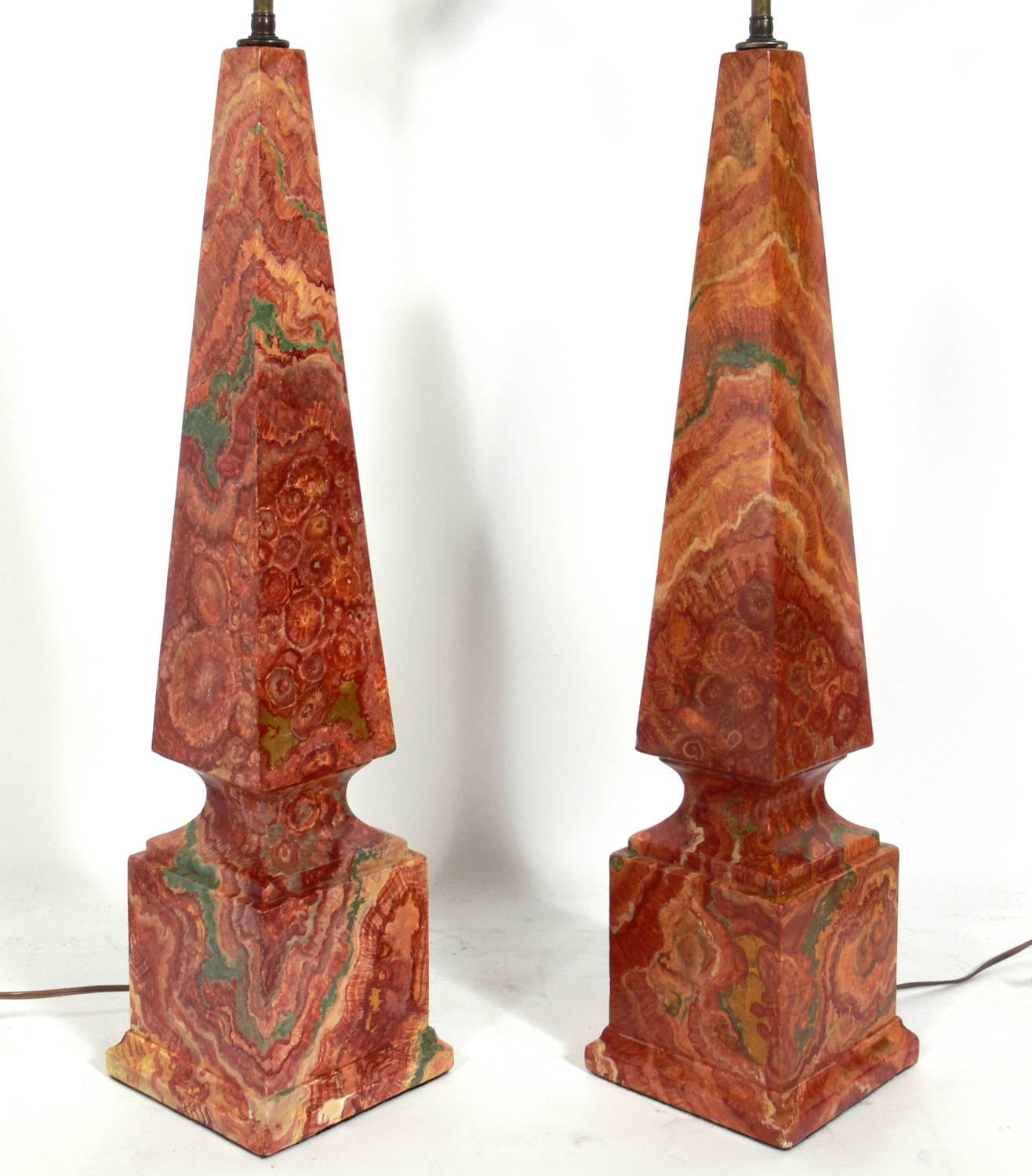 Pair of faux agate obelisk lamps, probably American, circa 1960s. These lamps are wonderfully executed and look like agate unless closely inspected. Rewired and ready to use. The price noted below includes the shades.