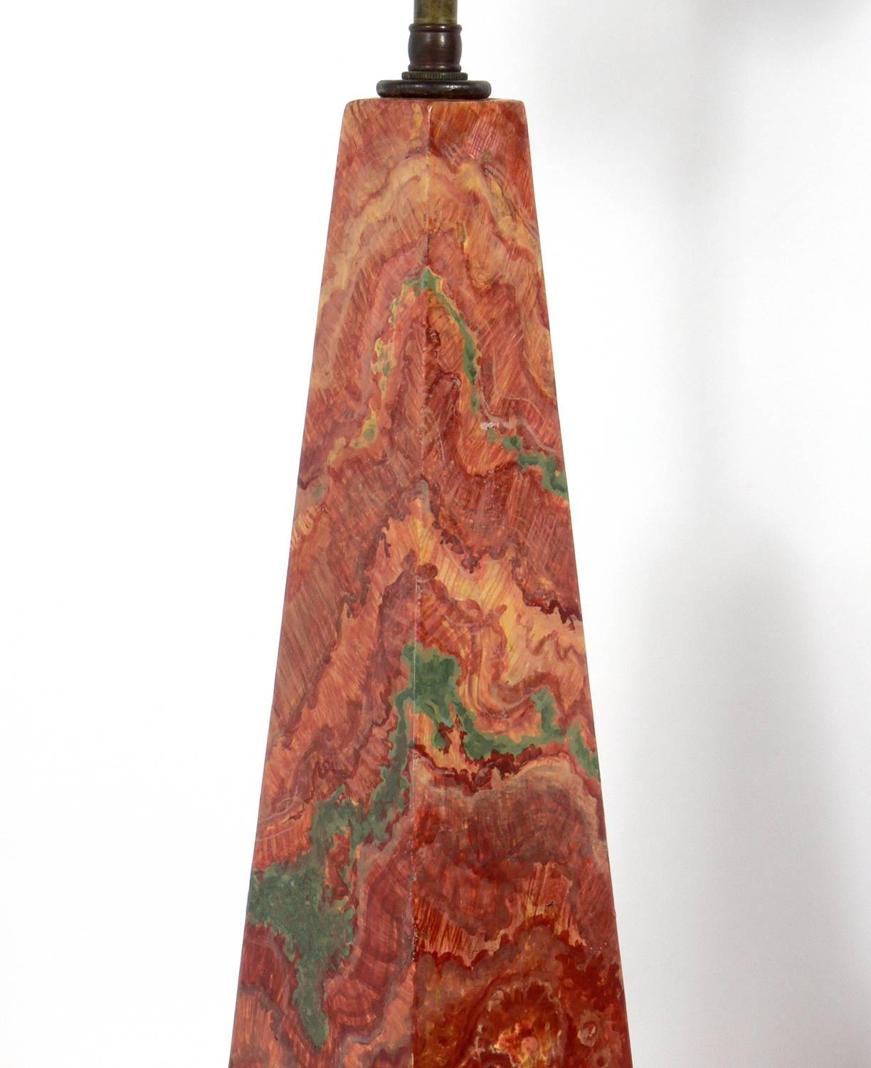 Hollywood Regency Pair of Faux Agate Obelisk Lamps