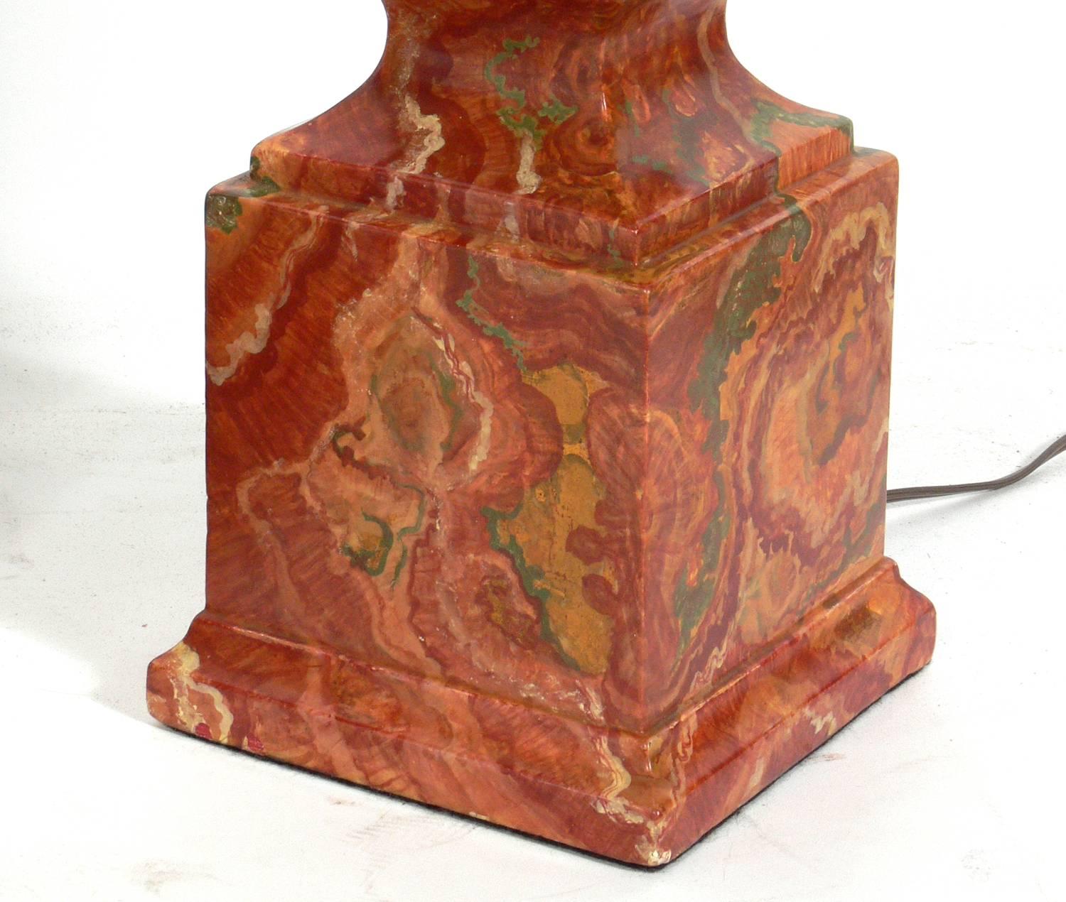 American Pair of Faux Agate Obelisk Lamps