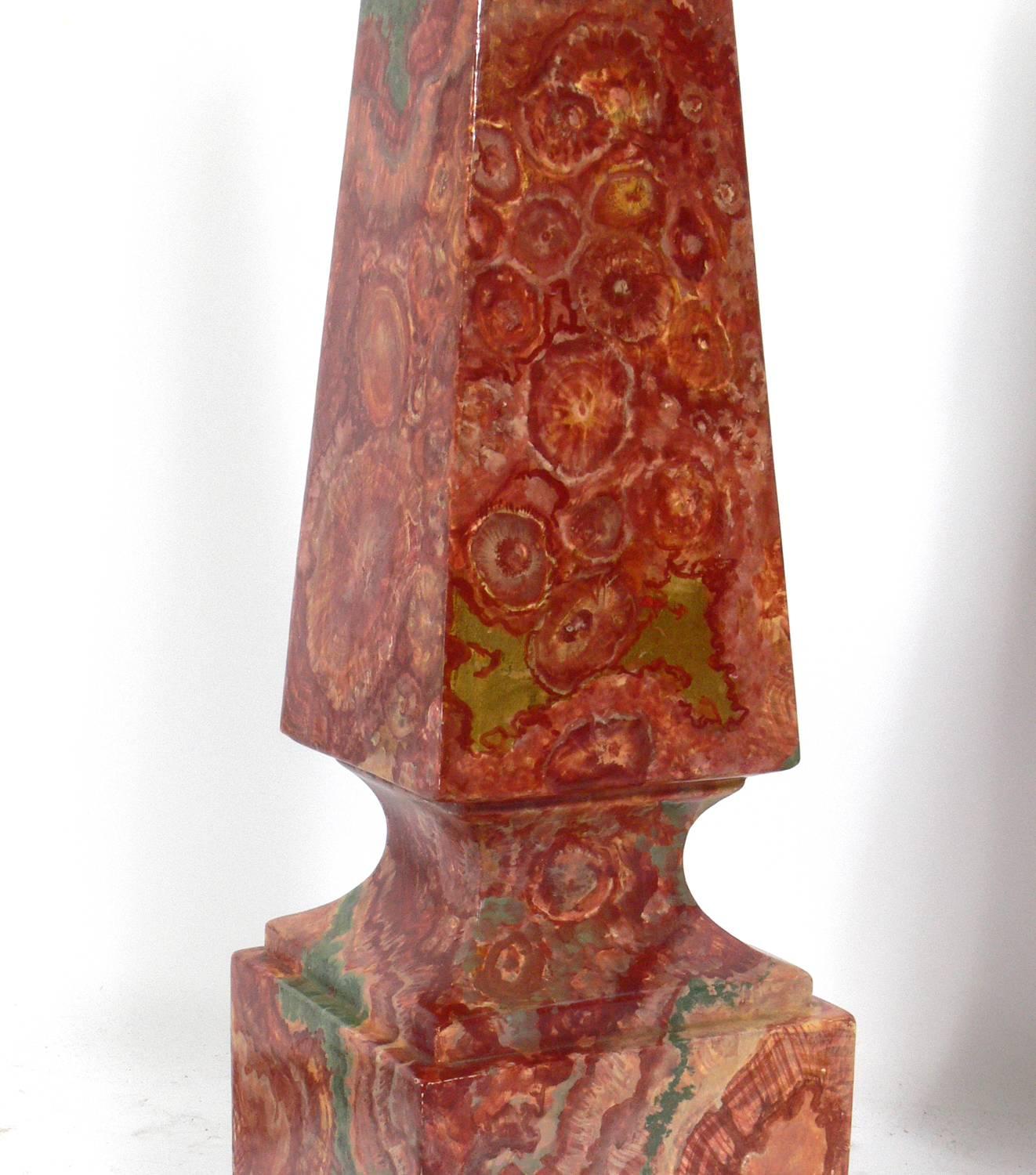 Painted Pair of Faux Agate Obelisk Lamps