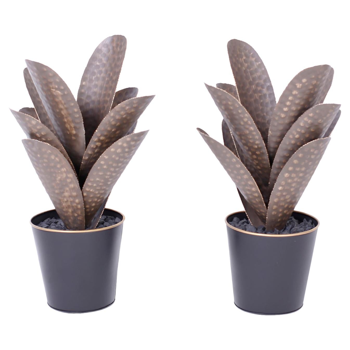 Pair of Faux Agave Plants in Metal Planters