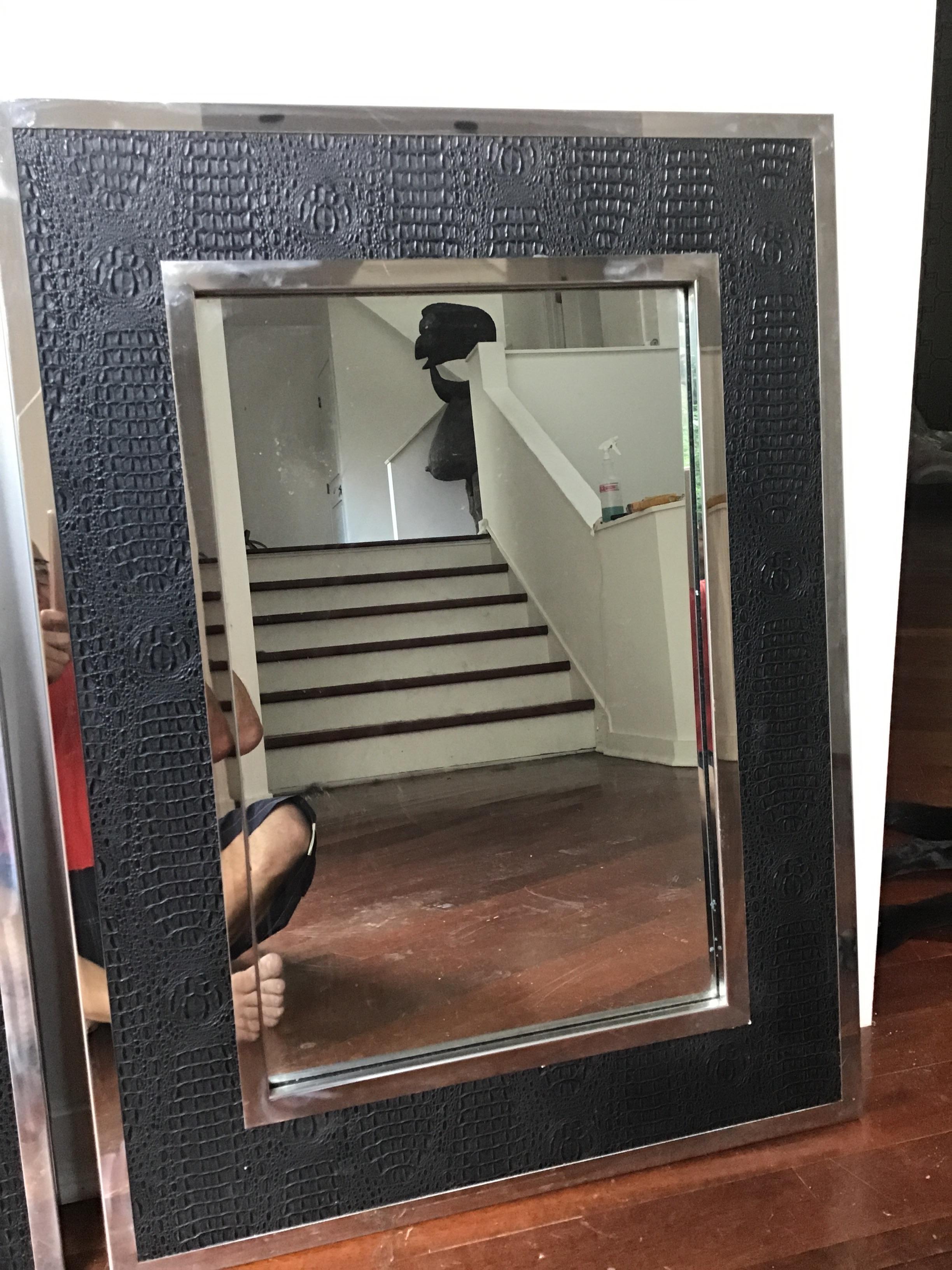 Pair of Faux Alligator and Stainless Mirrors In Good Condition In Tarrytown, NY