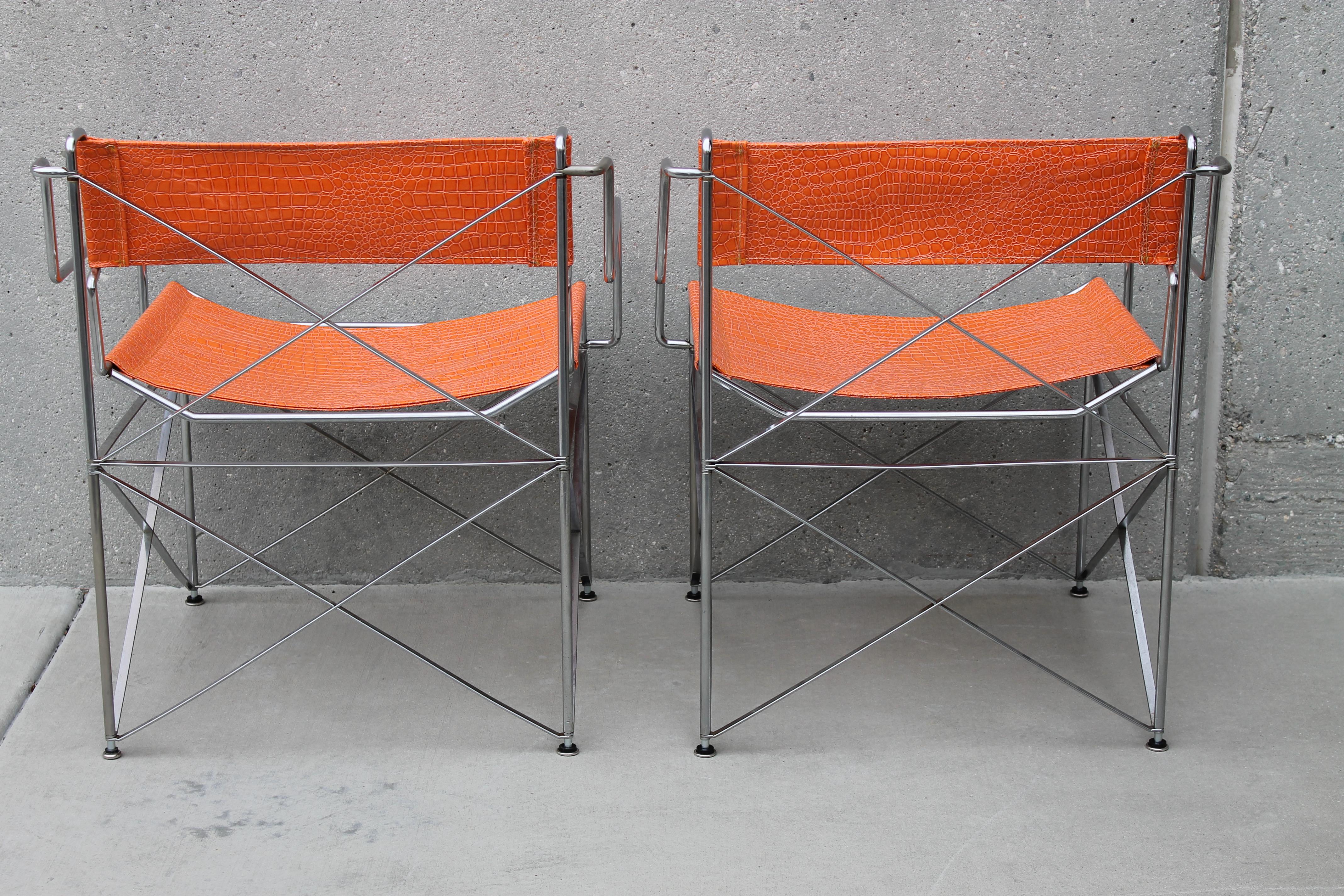 Mid-Century Modern Pair of Faux Alligator Orange Chairs