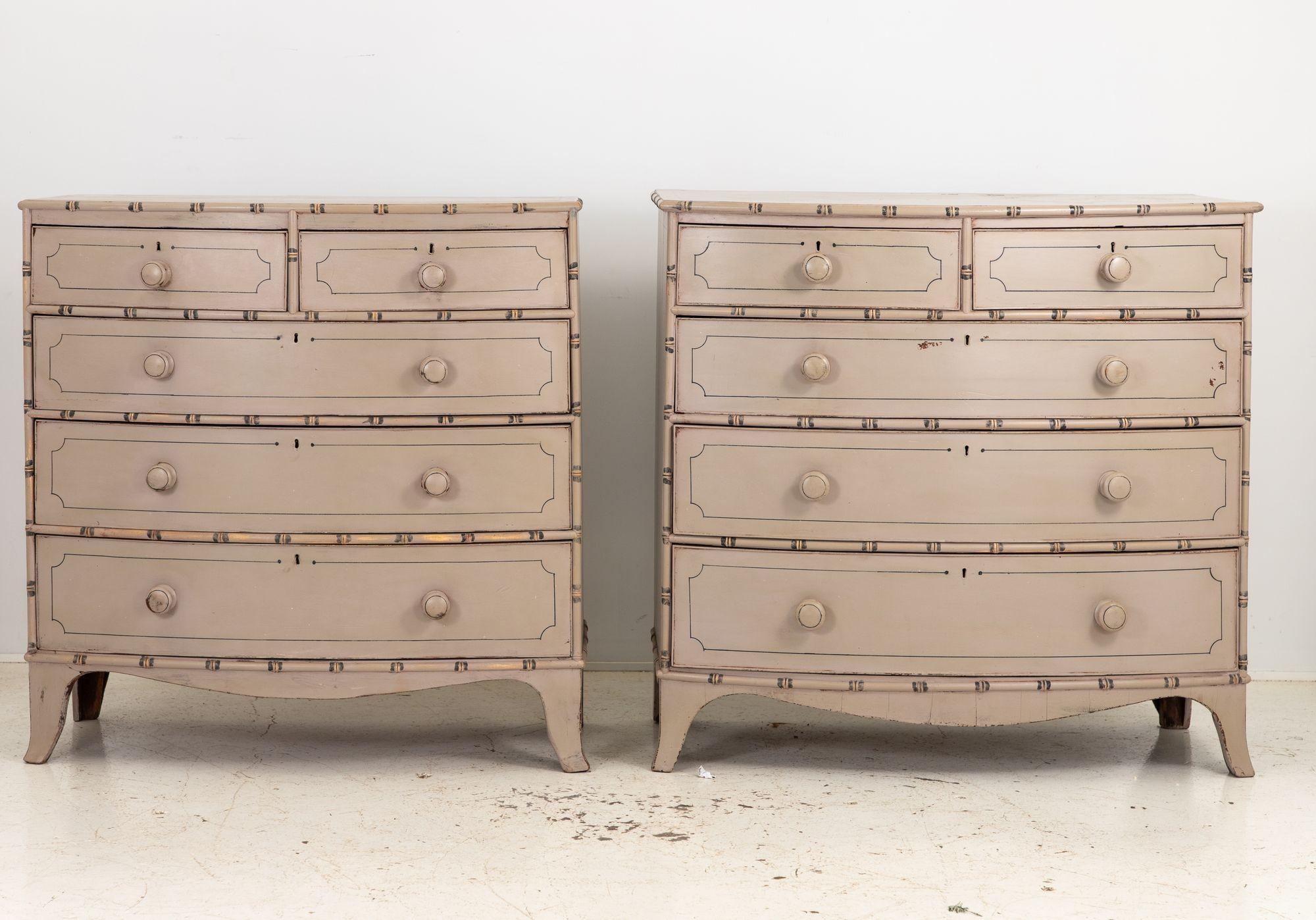 These exquisite bowfront French chests of drawers effortlessly fuse timeless elegance with a contemporary chinoiserie twist. Standing on gracefully splayed legs, these chests boast a generous scale with two over three drawer style for storage. Their