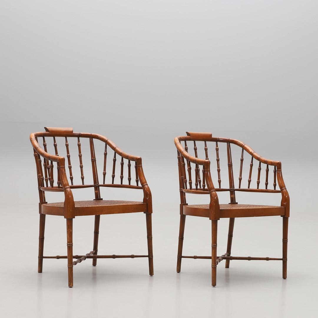 Regency Pair of Faux Bamboo and cane armchairs, by Baker Furniture, United States 1950s For Sale