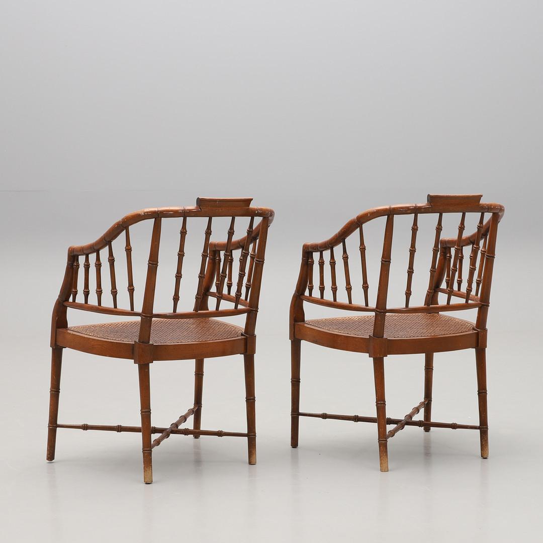 American Pair of Faux Bamboo and cane armchairs, by Baker Furniture, United States 1950s For Sale