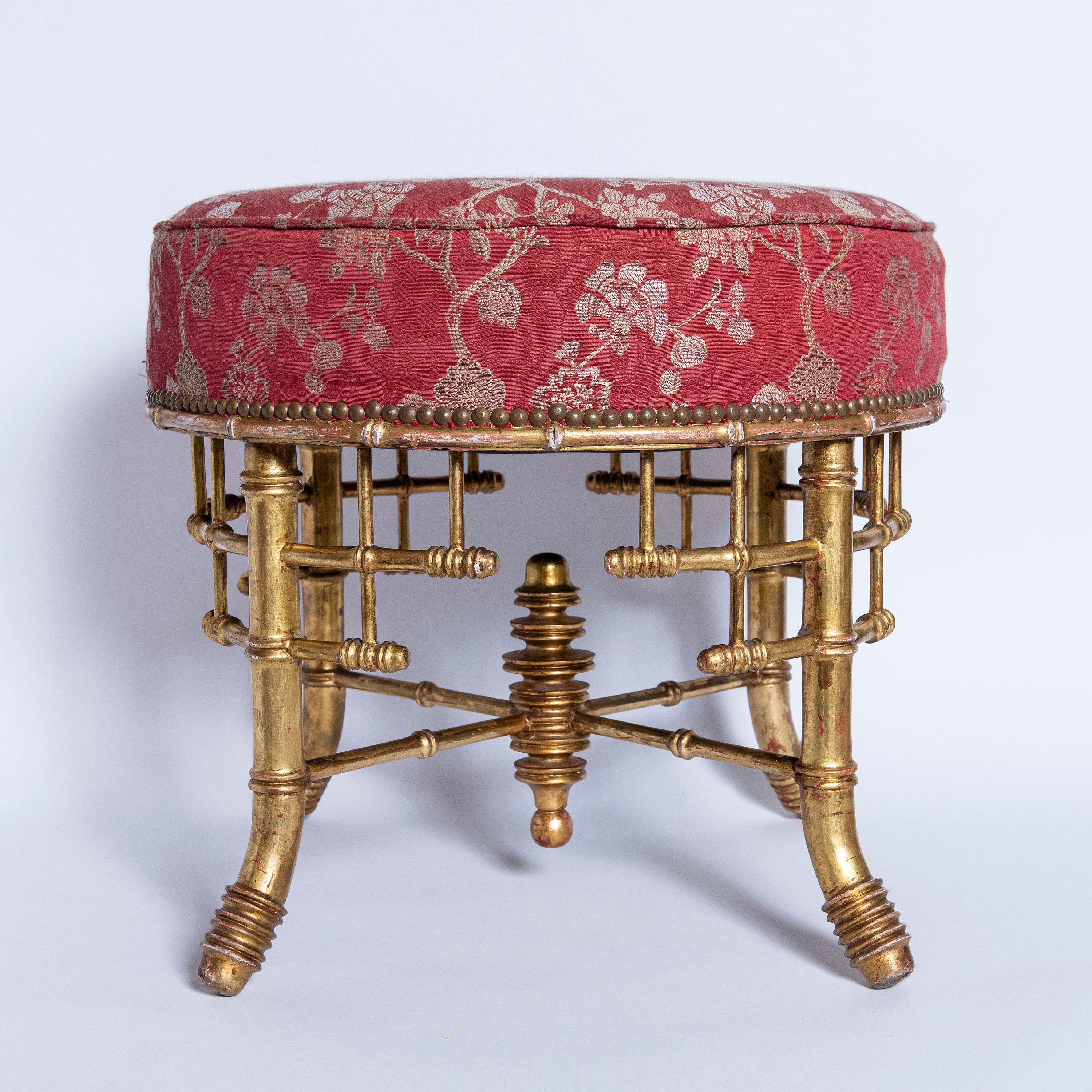 Pair of faux bamboo and gold leaf stools, England, late 19th century.