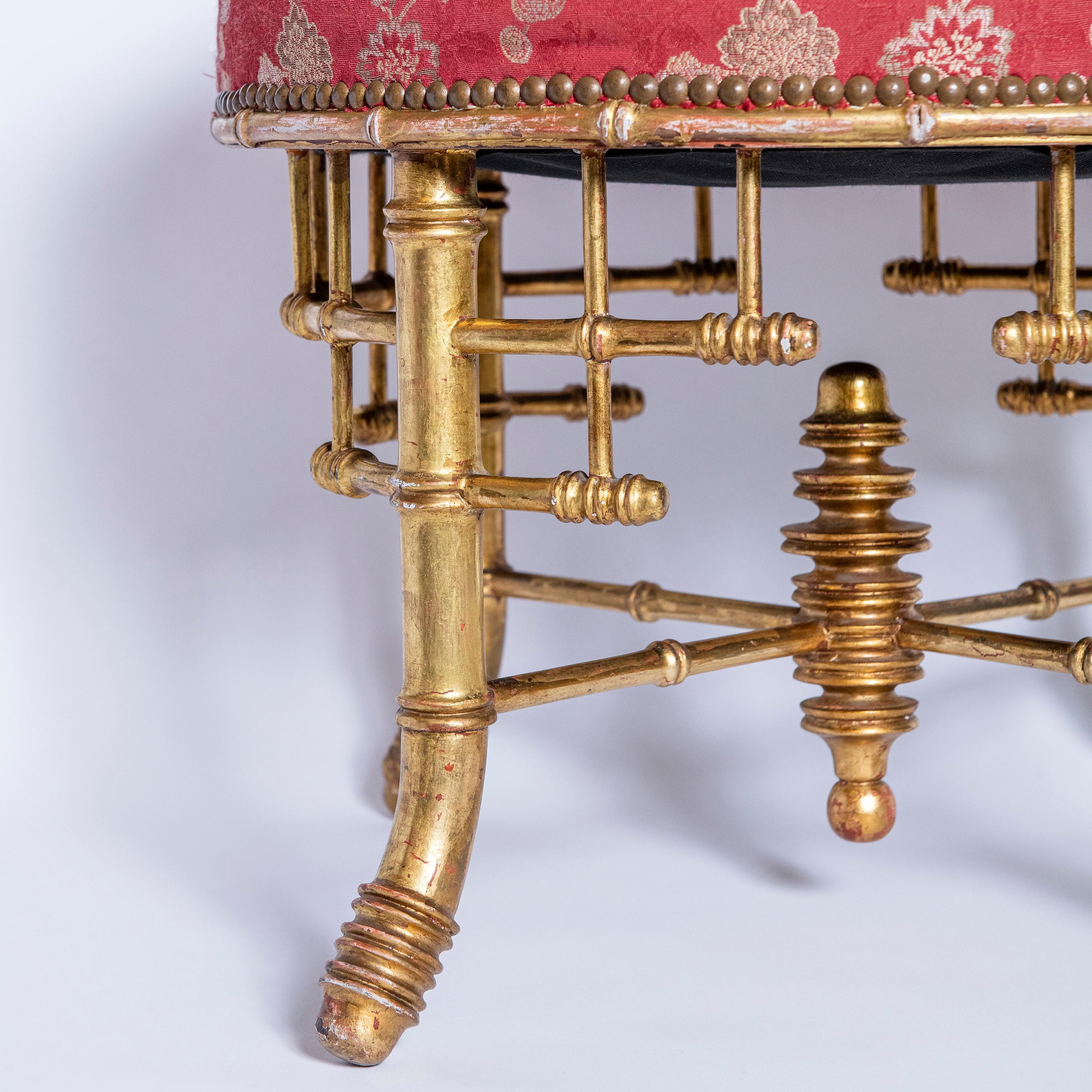Chinoiserie Pair of Faux Bamboo and Gold Leaf Stools. England, Late 19th Century For Sale