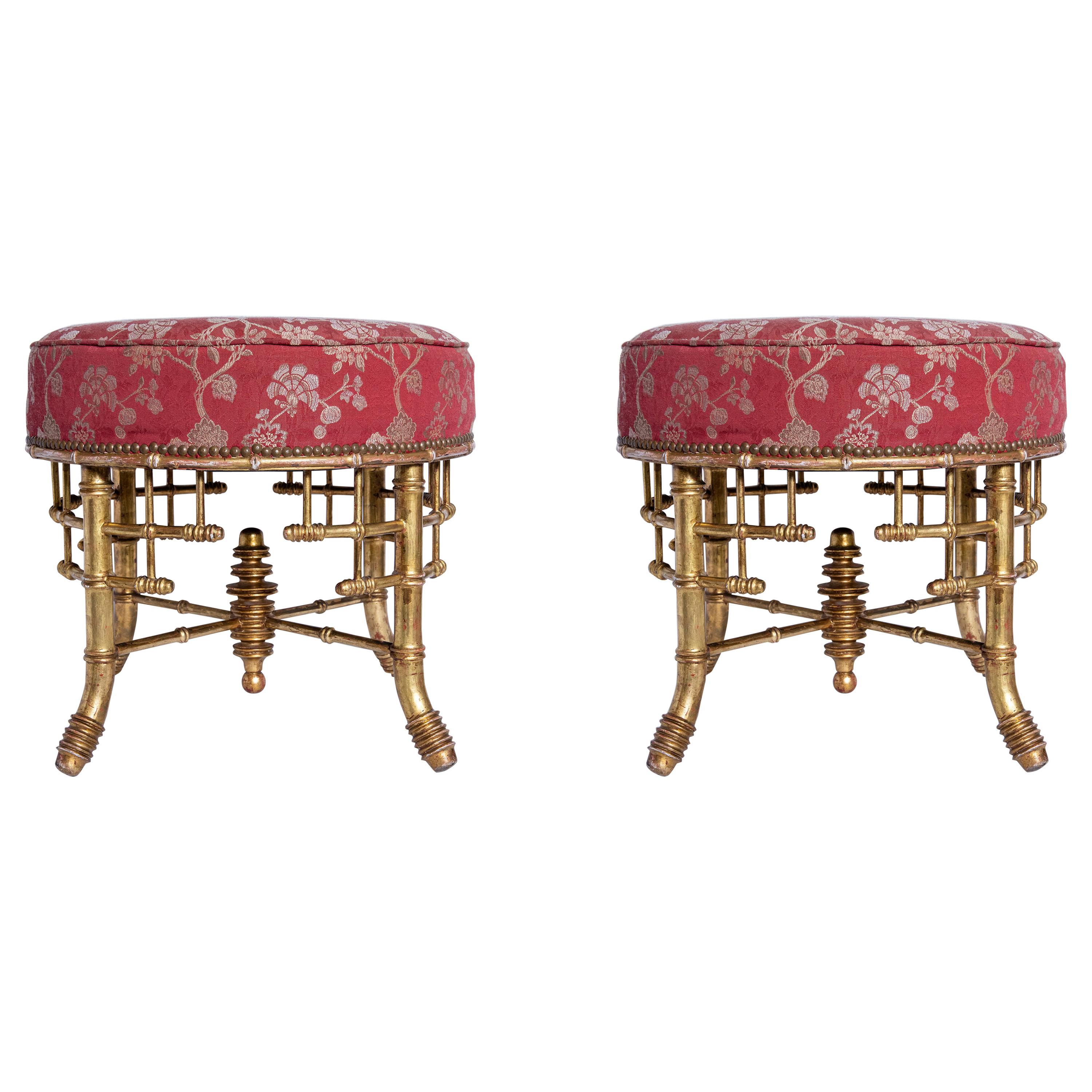 Pair of Faux Bamboo and Gold Leaf Stools. England, Late 19th Century