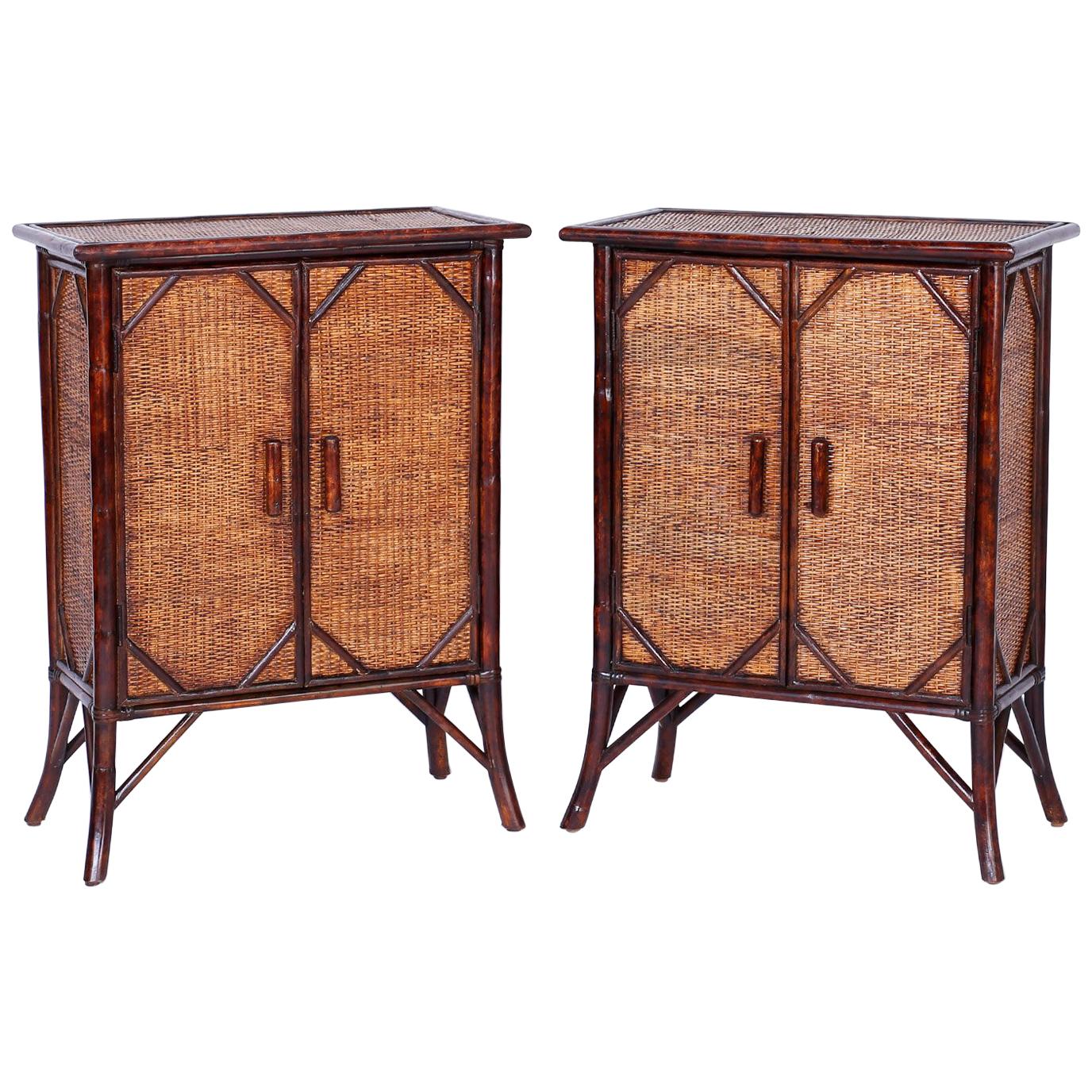 Pair of Faux Bamboo and Grasscloth British Colonial Style Cabinets or Stands
