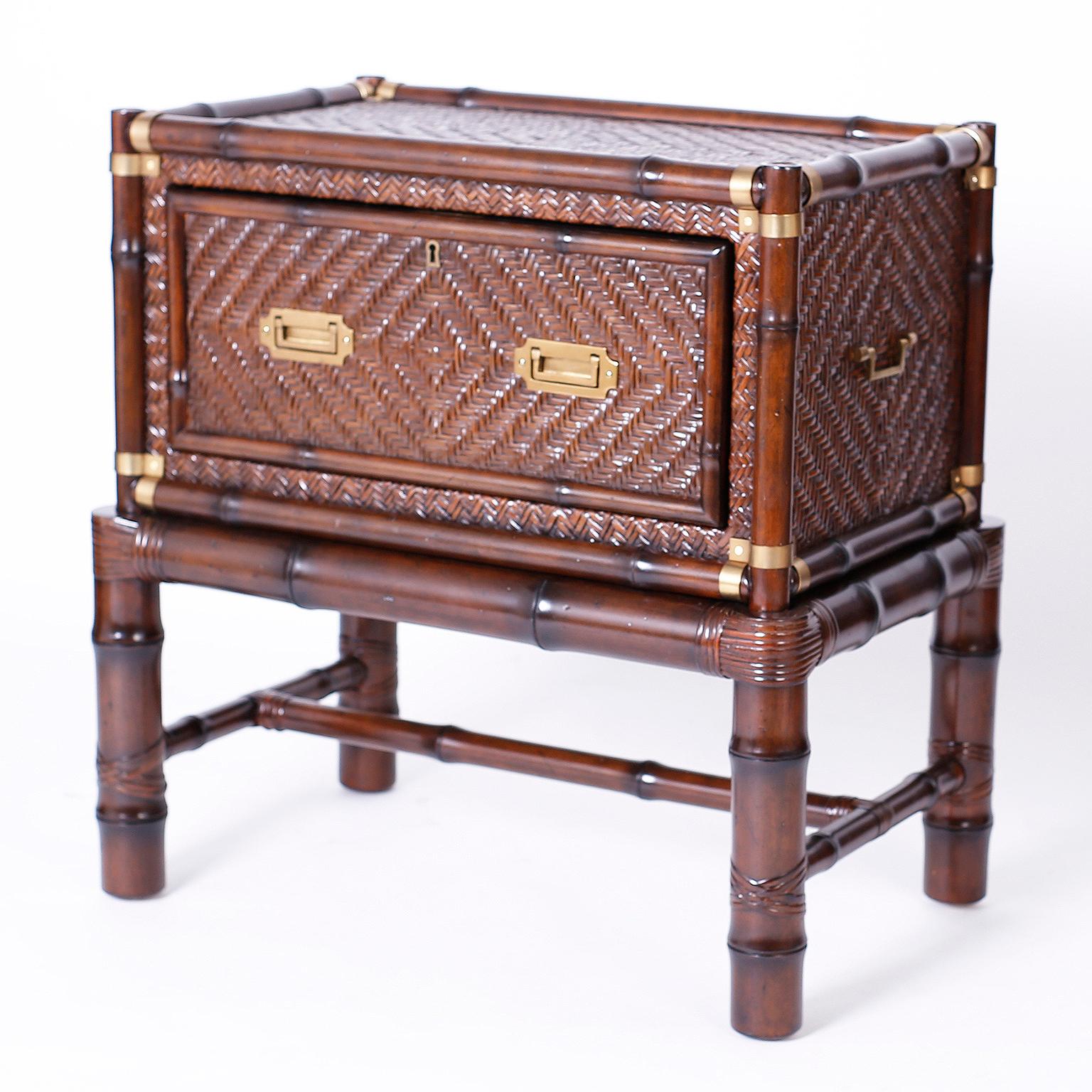American Pair of Faux Bamboo and Rattan British Colonial Chests on Stands or Tables